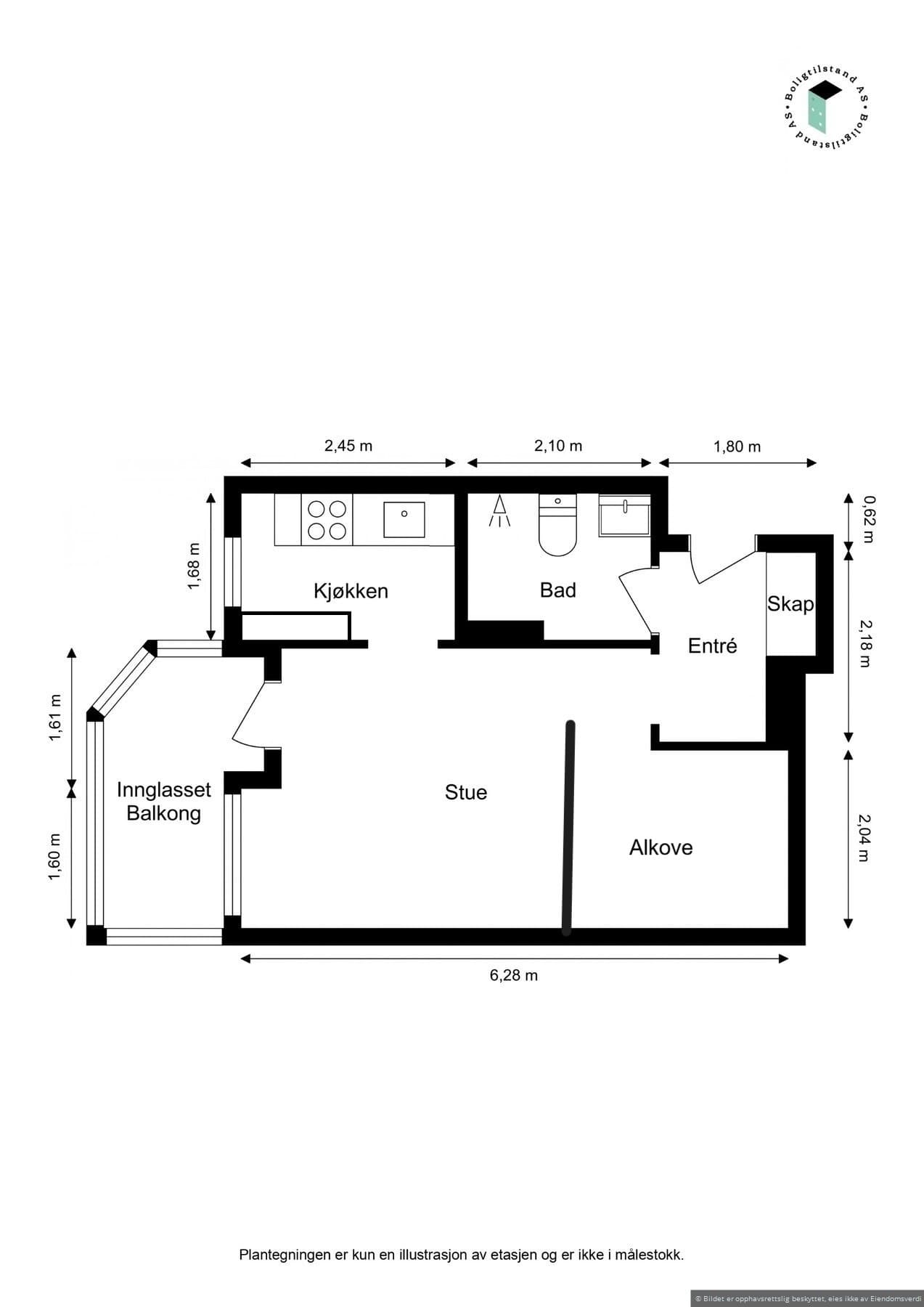 Plantegning. I tillegg disponerer leiligheten to eksterne boder (loftsbod og kjellerbod).