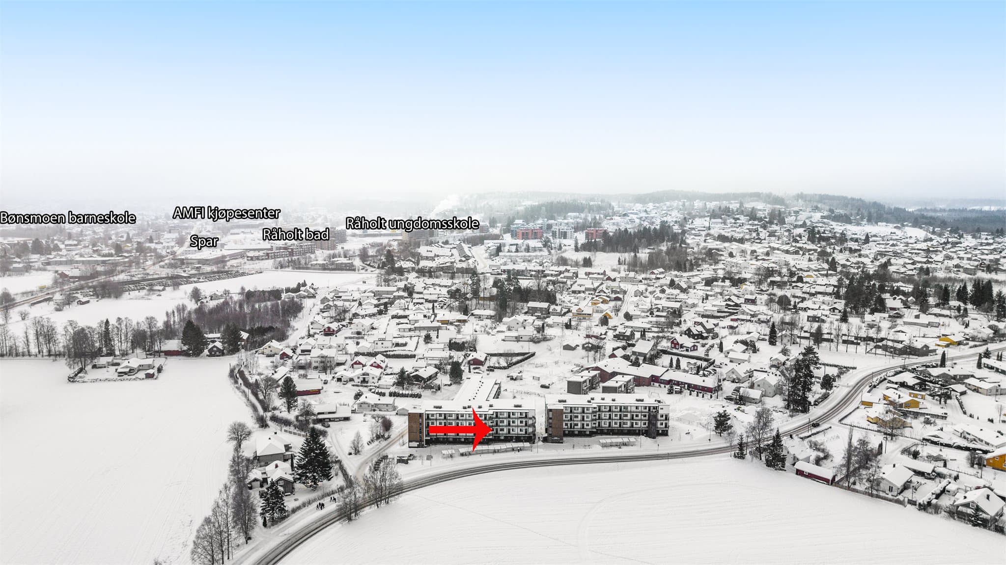 Gangavstand til butikker, kjøpesenter og fritidstilbud på Råholt