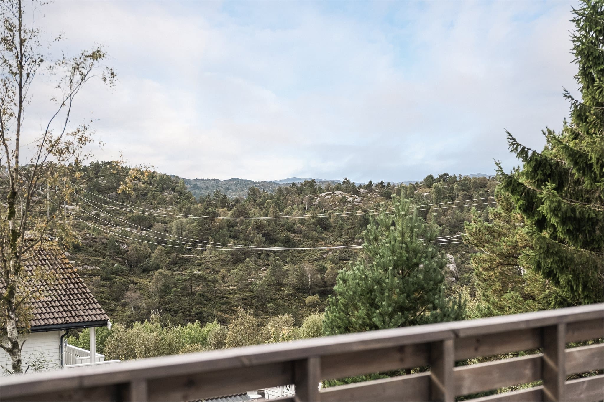 - Fra altanen er det nydelig utsikt mot Træsvatnet og utover de flotte markene på Askøy -