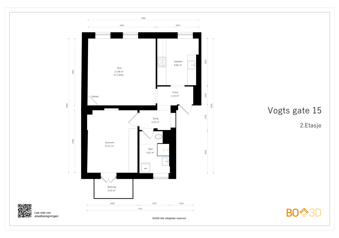 Plantegning. Leiligheten disponerer en bod i kjeller og en på loftet.