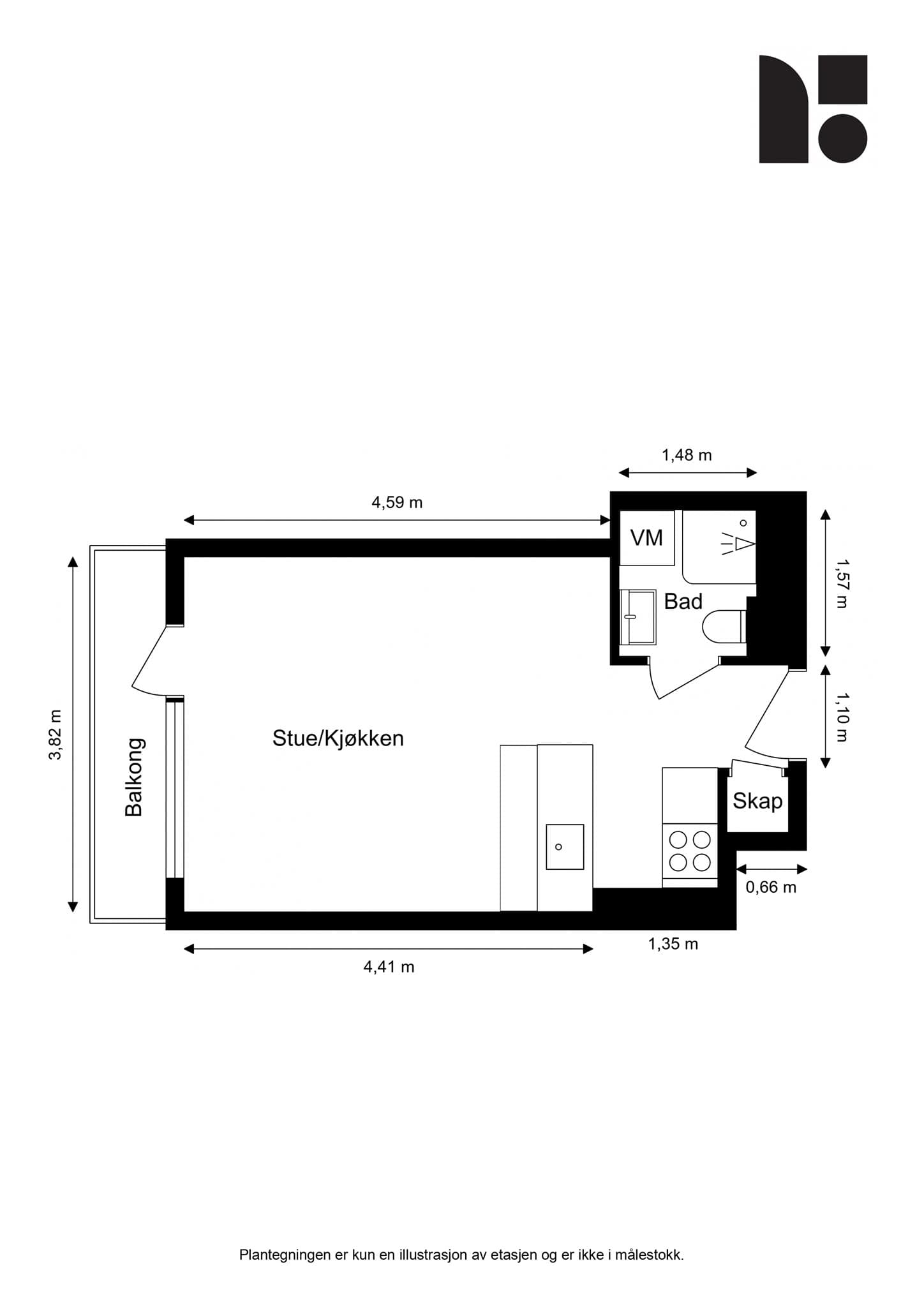 Plantegning. Leiligheten disponerer en kjellerbod på ca. 2 m².