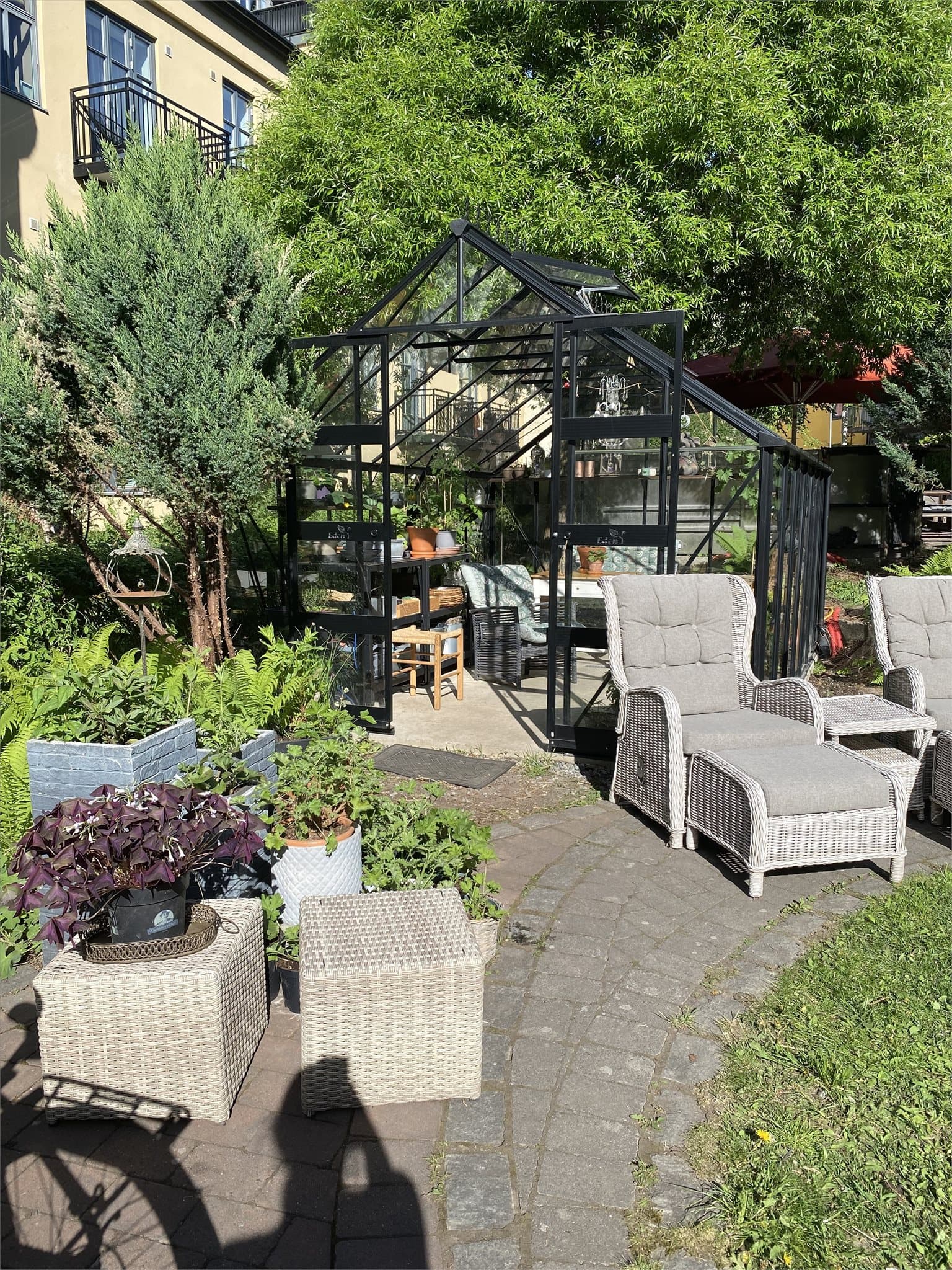 Bakgården er en grønn oase for beboerne, med blant annet et felles drivhus og hagegruppe som bidrar til fellesskap blant beboerne.