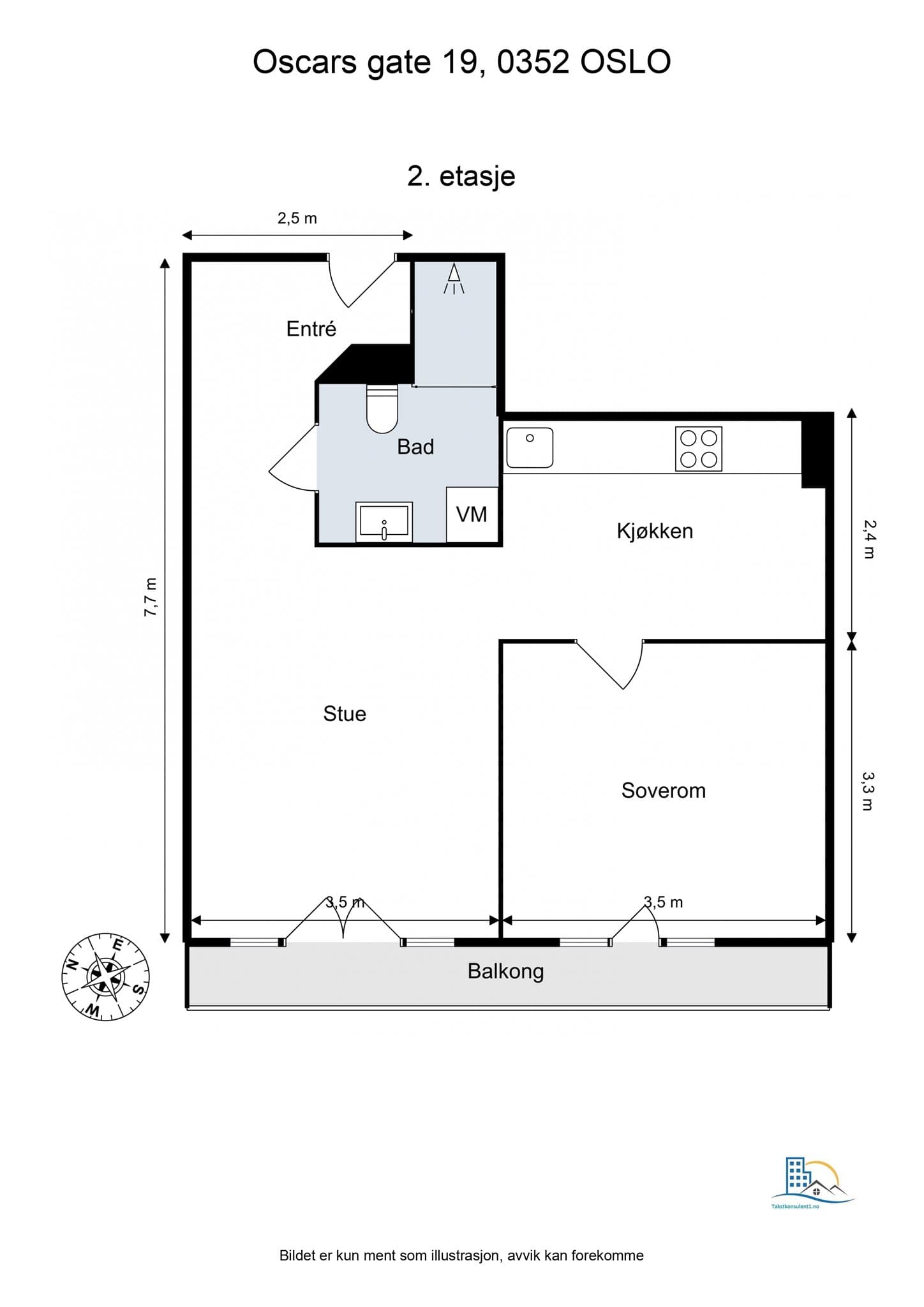 Plantegning. Leiligheten disponerer en kjellerbod med gulvareal på ca. 1,5 m².