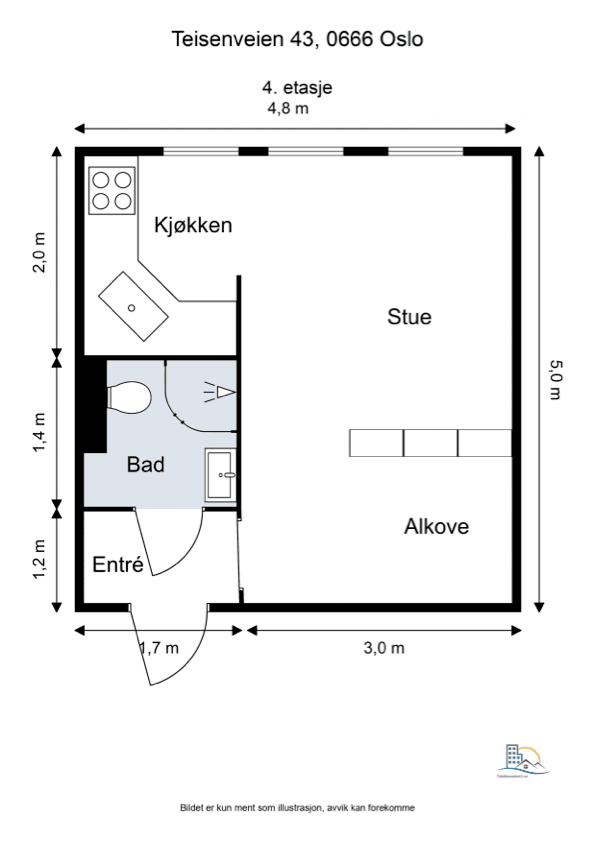Planløsningen på 24 m² er smart utnyttet med entré, bad, kjøkken, stue og en adskilt alkove.