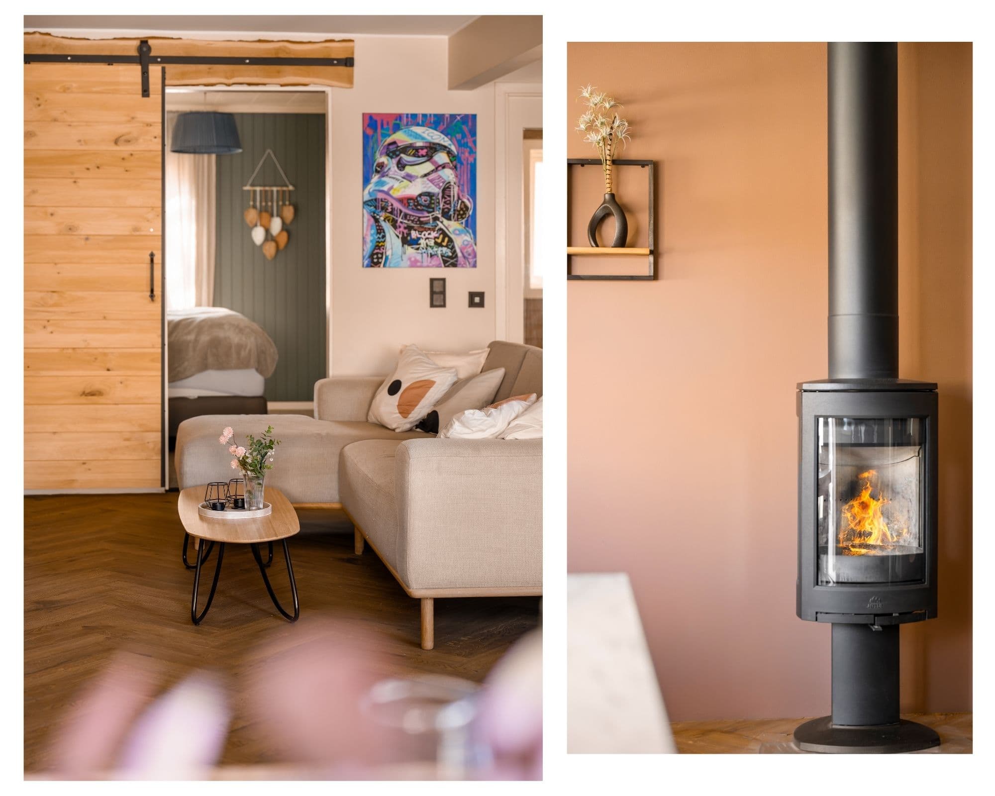 Frittstående og hyggelig peisovn med glass i stue, montert i 2022.