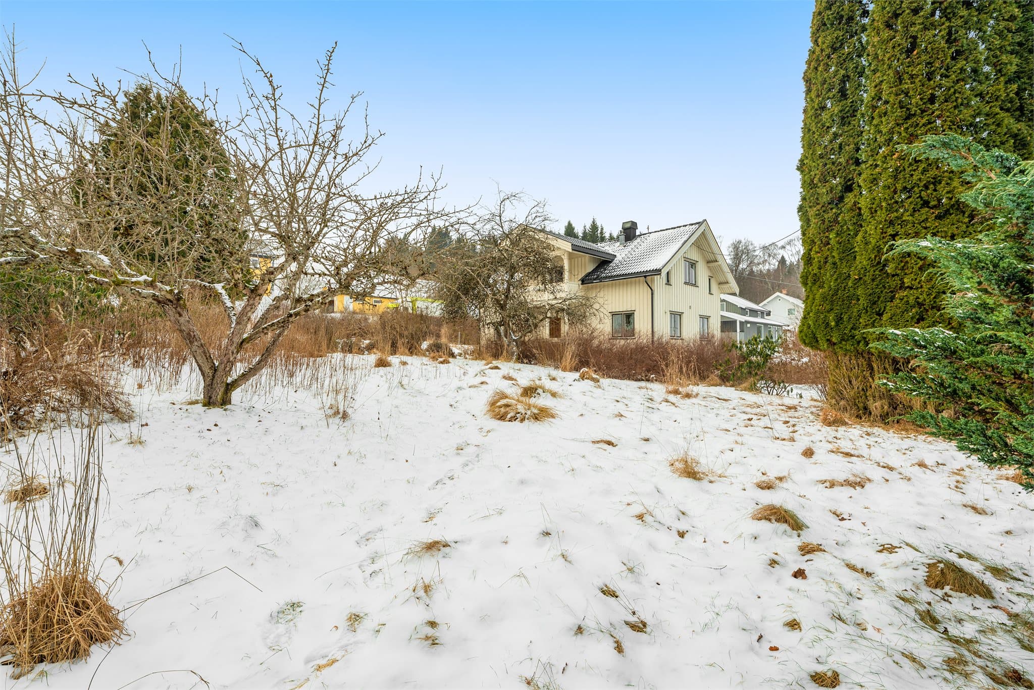 Stor og fin hage som er pent opparbeidet og har flere frukttrær