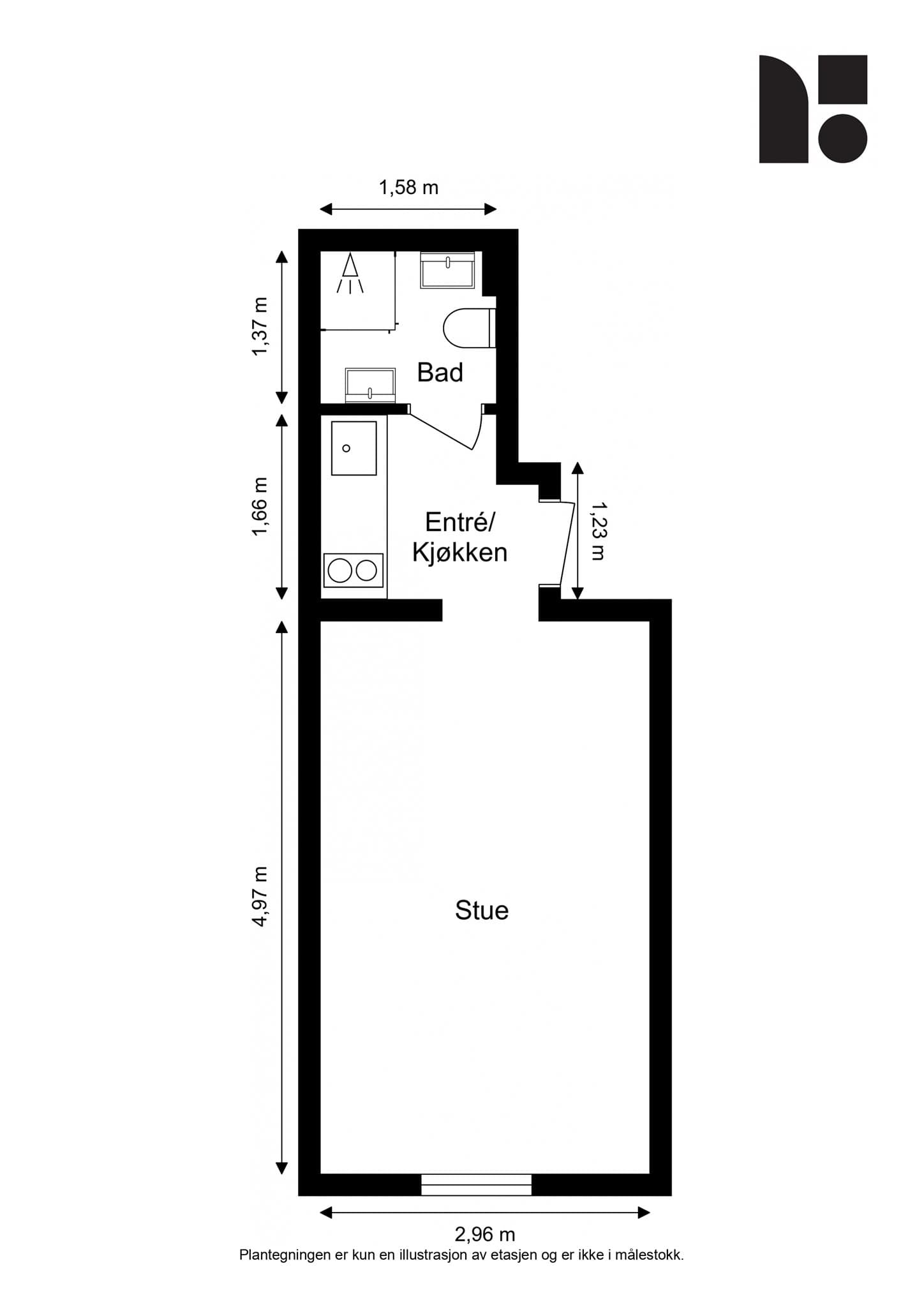 Planløsning. Leiligheten disponerer en bod i kjeller på 3 m².