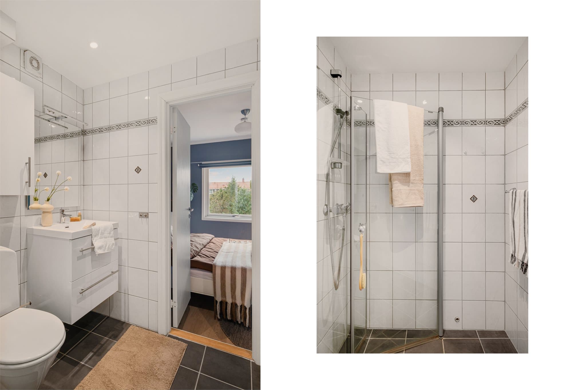 - Badet er innredet med heldekkende servant, overskap, speil m/belysning og dusjhjørne -