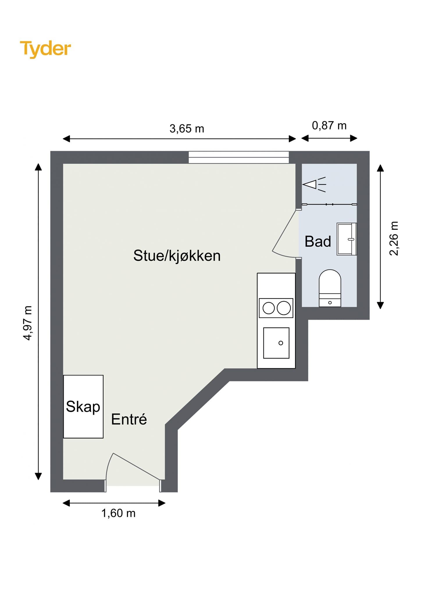 Plantegning. Leiligheten disponerer en ekstern bod på 2 m².