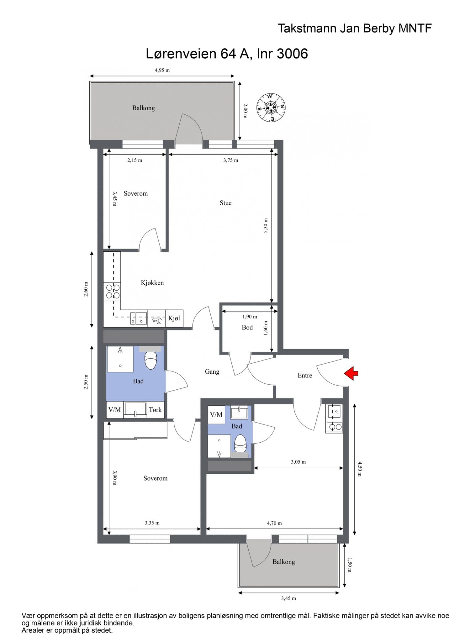Plantegning. I tillegg disponerer leiligheten en kjellerbod på 5 m² og garasjeplass.