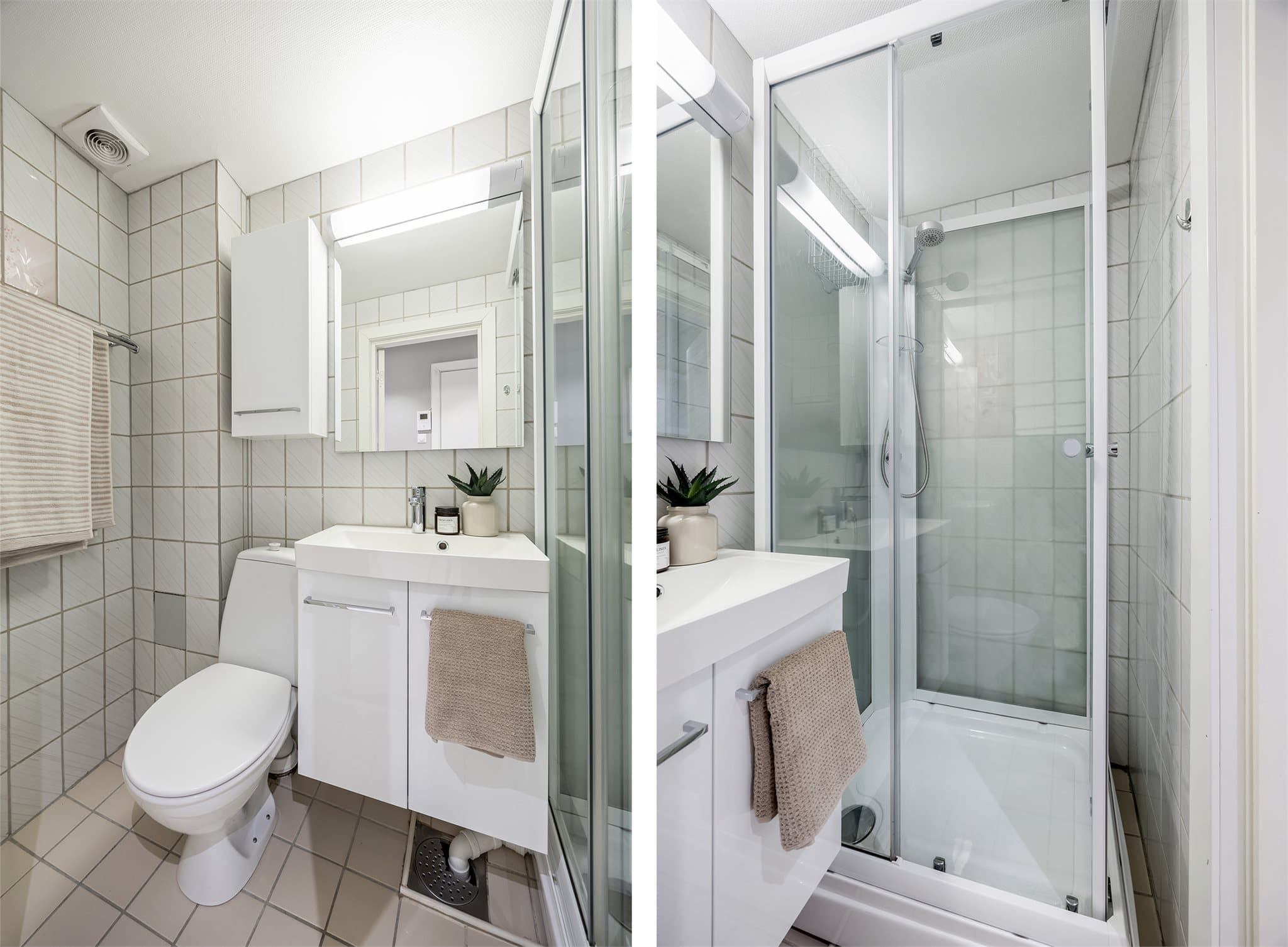 Helfliset baderom innredet med servant, dusjkabinett og gulvstående toalett.