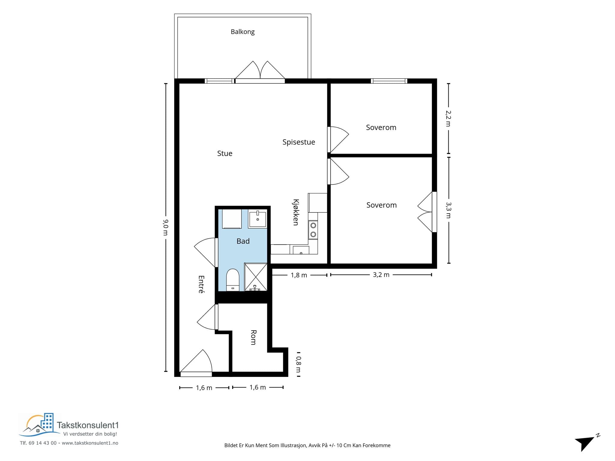 Plantegning. Leiligheten disponerer en bod i kjeller på ca. 3,9 m².