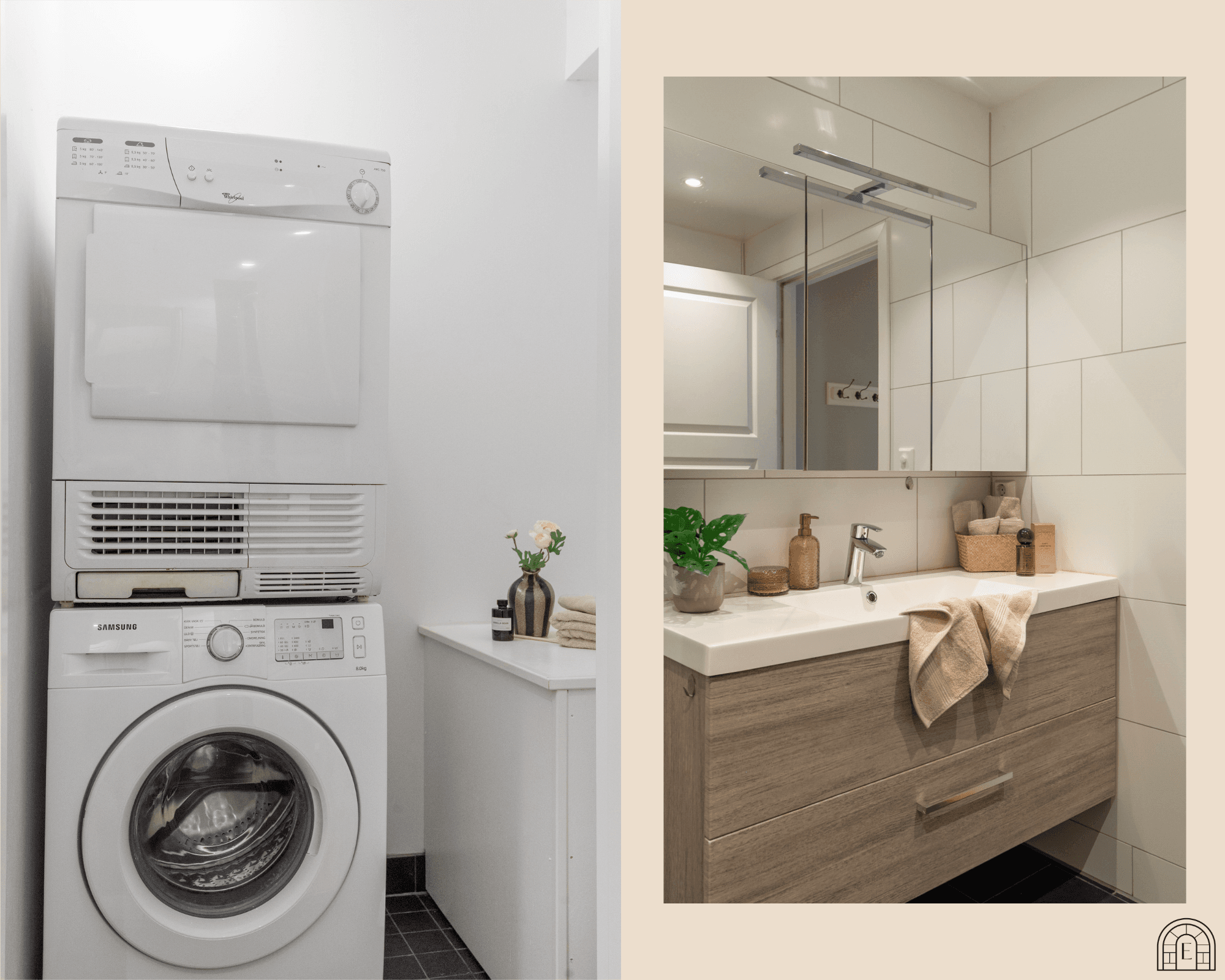 - Innredet med heldekkende servant, dusjvegger/hjørne og vegghengt toalett. Svært praktisk med dør inn til separat vaskerom -