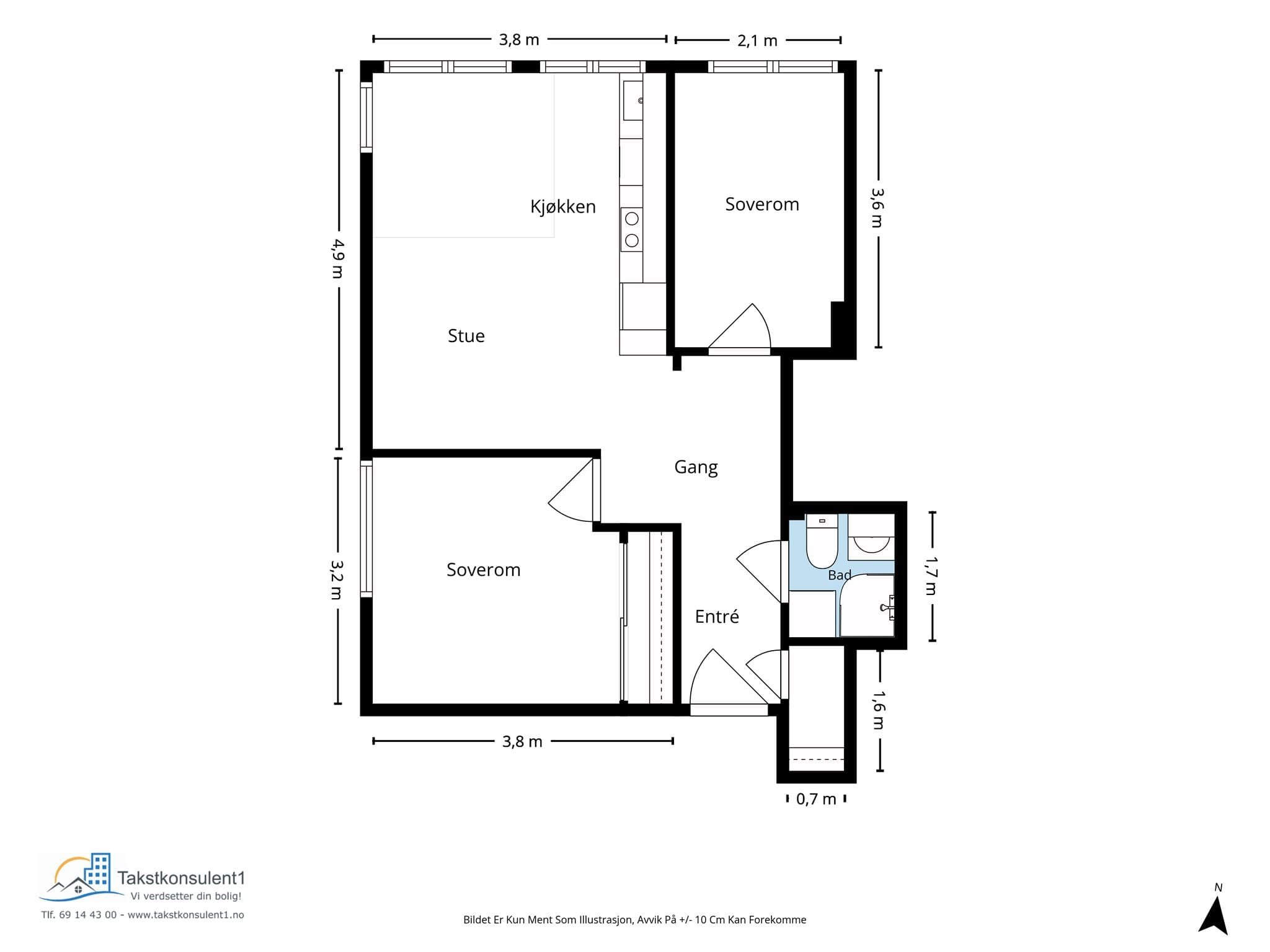 Plantegning. Leiligheten disponerer lofts- og kjellerbod på ca. 10 m² og 4 m² samt. innvendig kott.