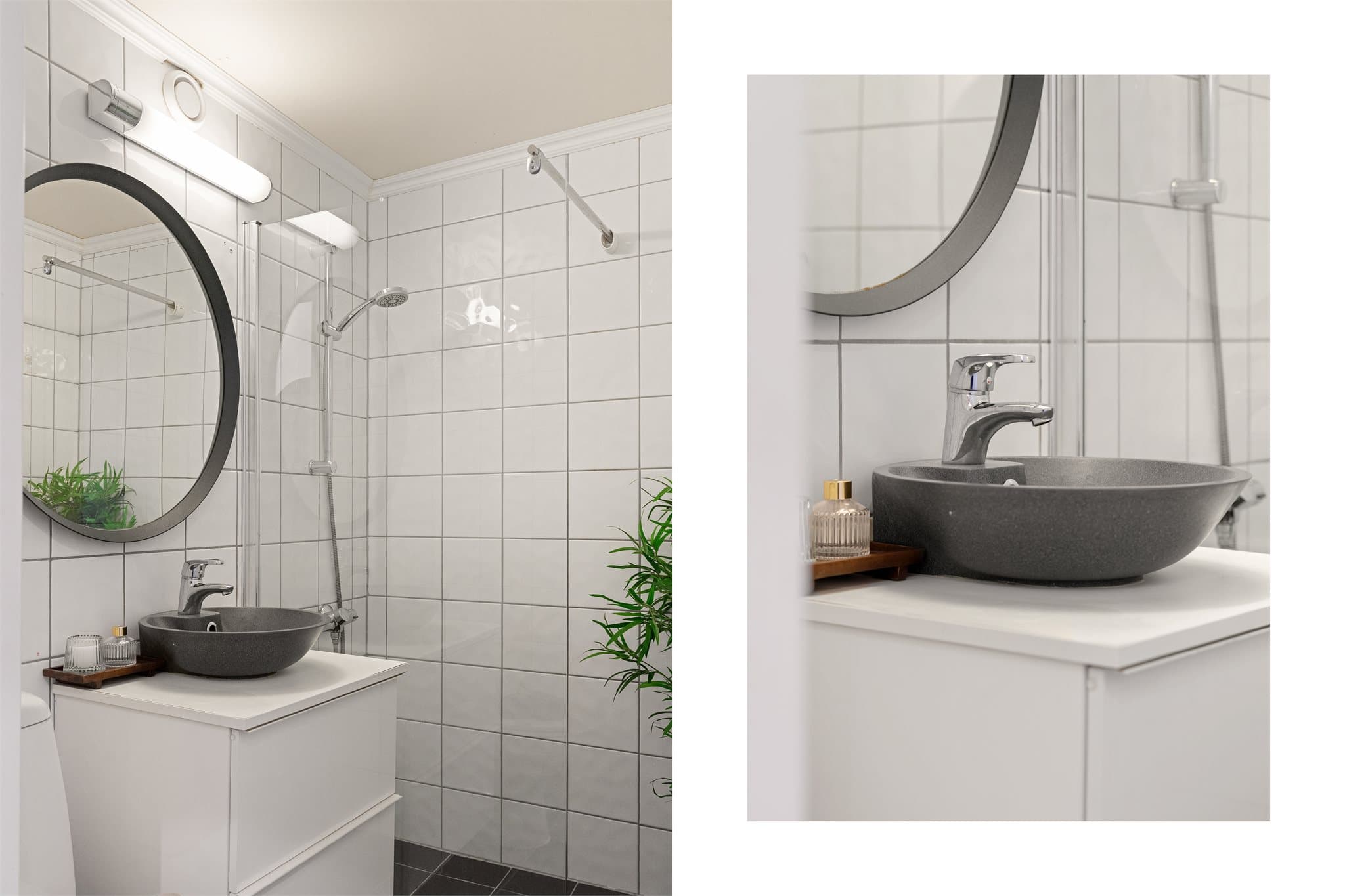 - Badet er innredet med dusjvegger/dusjhjørne, toalett og baderomsinnredning med servant -