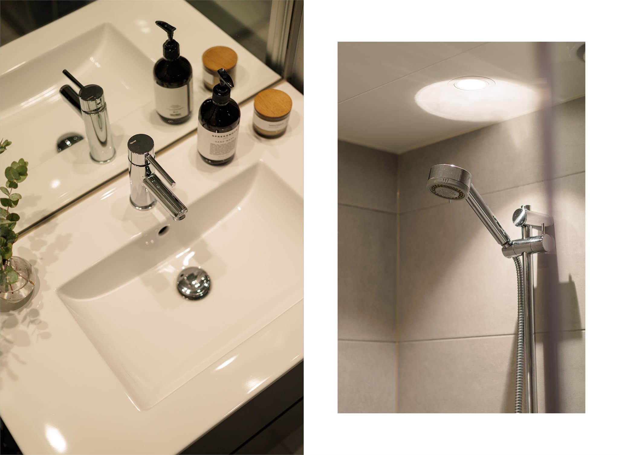 Badet er innredet med helservant på skuffeseksjon, dusjhjørne og vegghengt toalett.
