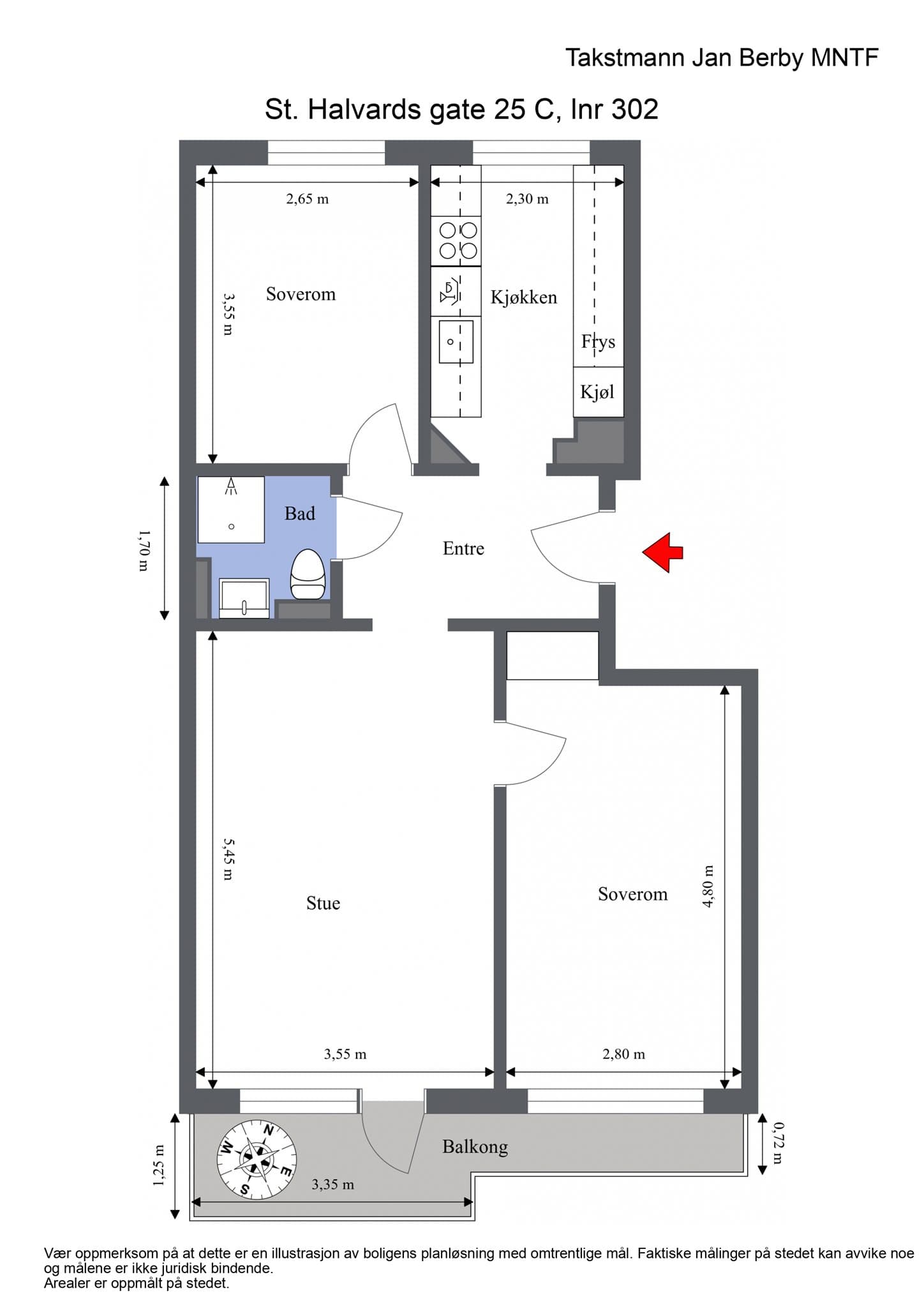 Plantegning. I tillegg disponerer leiligheten to kjellerboder på 2,1 og 2,3 m².
