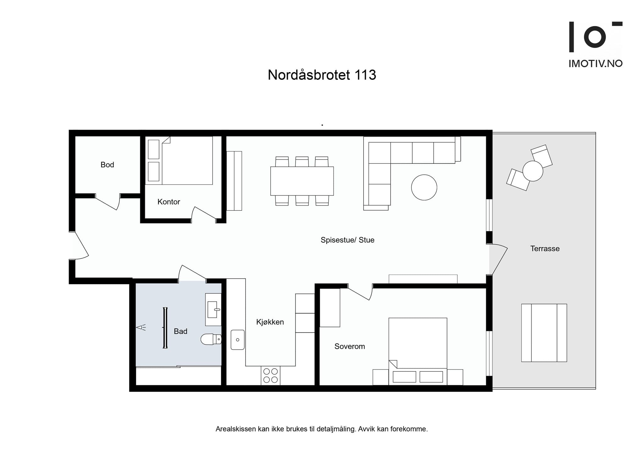 - Leilighetens planløsning (Merk kontor er byggemeldt bod)