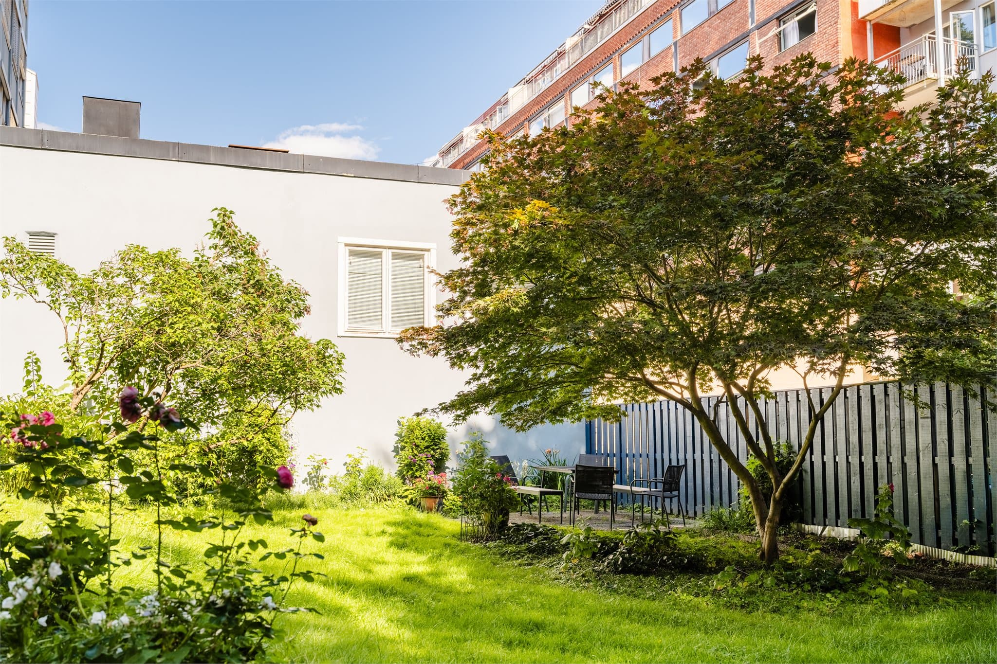 Bakgården er pent opparbeidet med plen, beplantning og flere sitteplasser.
