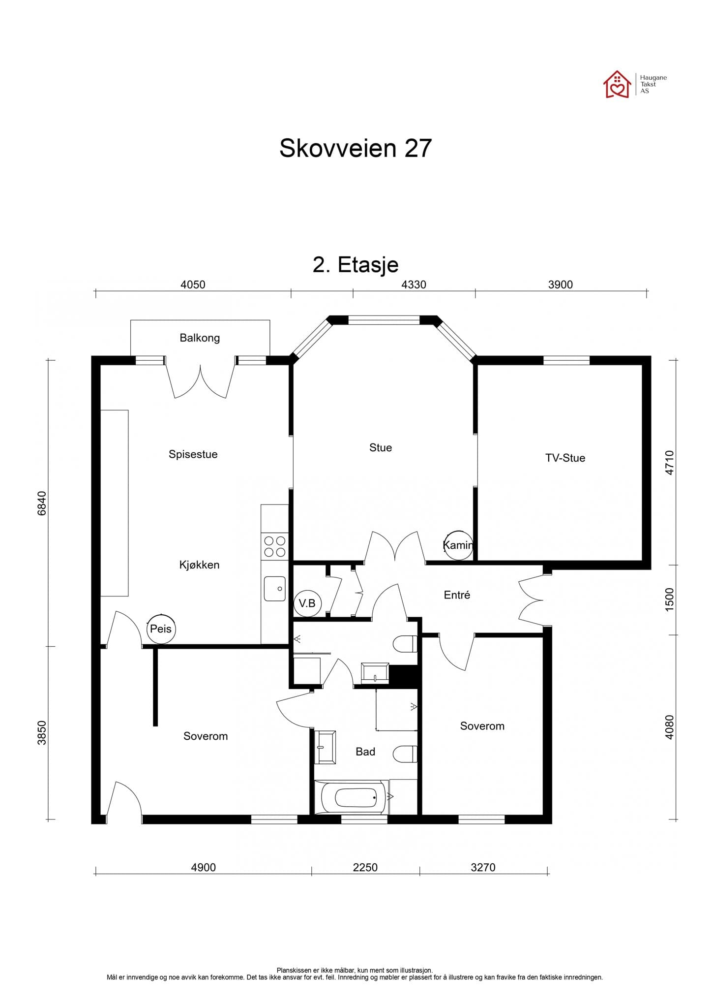 Plantegning. Leiligheten disponerer også tre boder i trapperom på til sammen ca. 7 m² og to loftsboder på til sammen 10 m².
