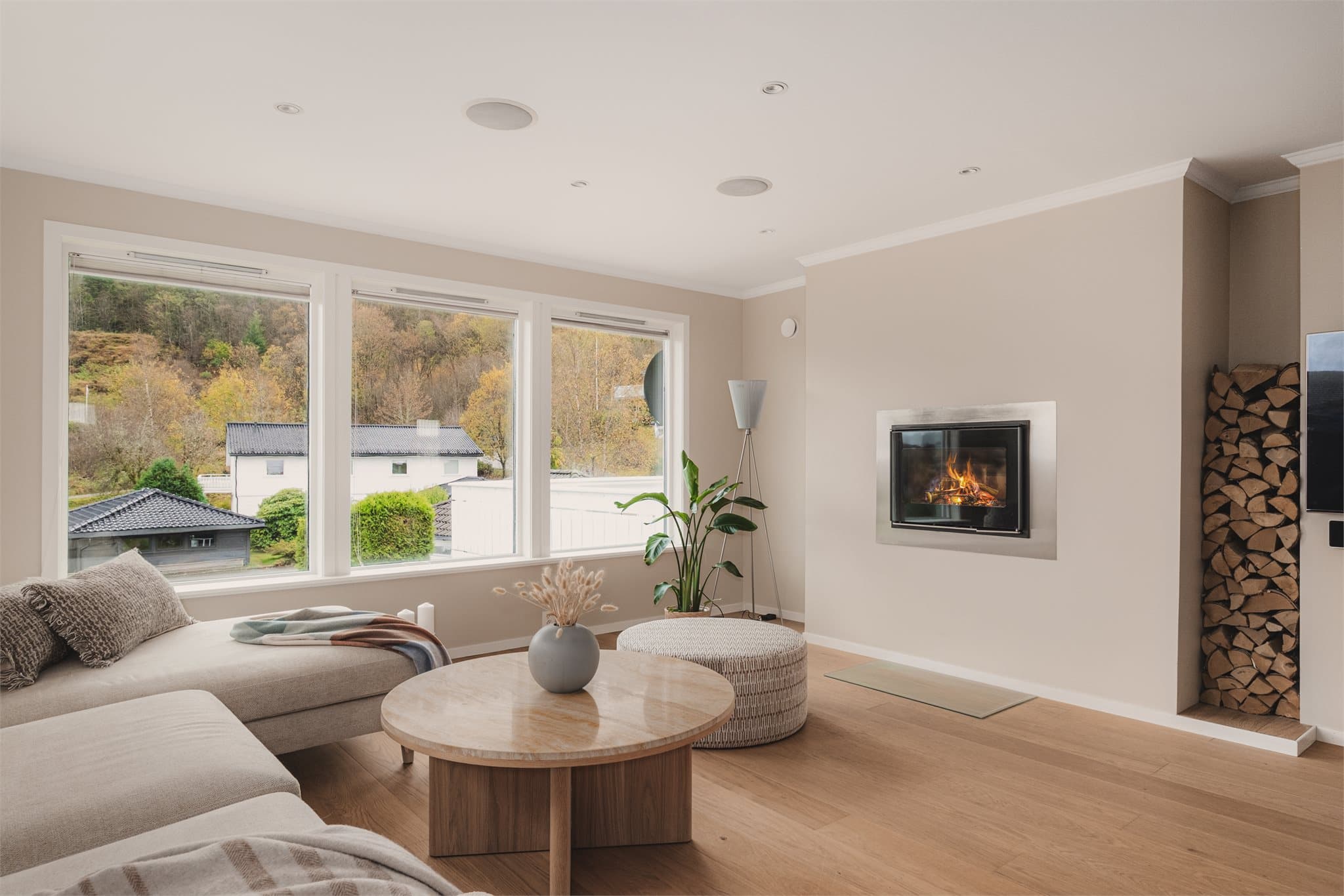 - Rentbrennede ildsted med glassfront i stue -