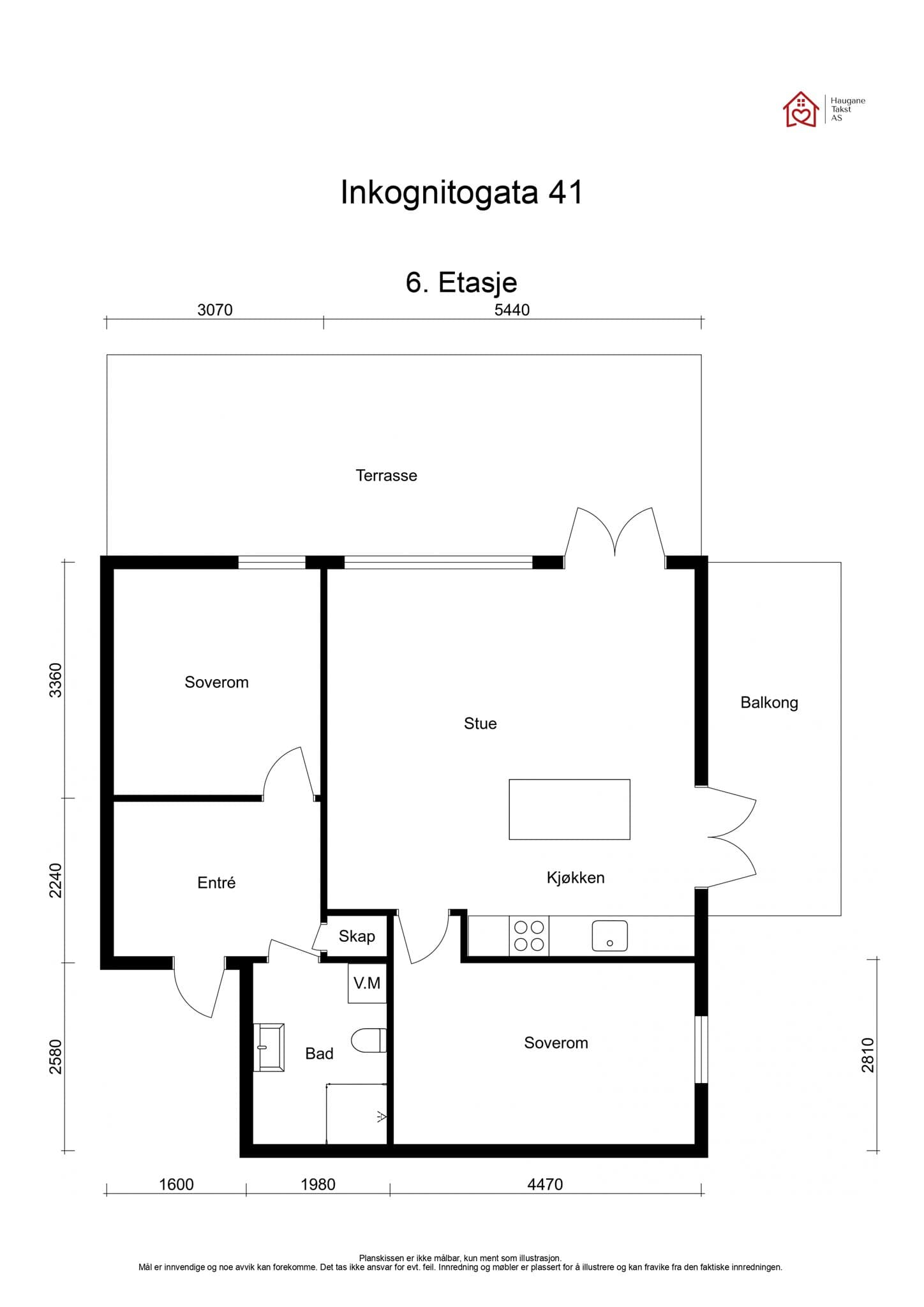 Plantegning. Leiligheten disponerer en bod i kjeller på ca. 6 m² og en garasjeplass i fellesanlegg.