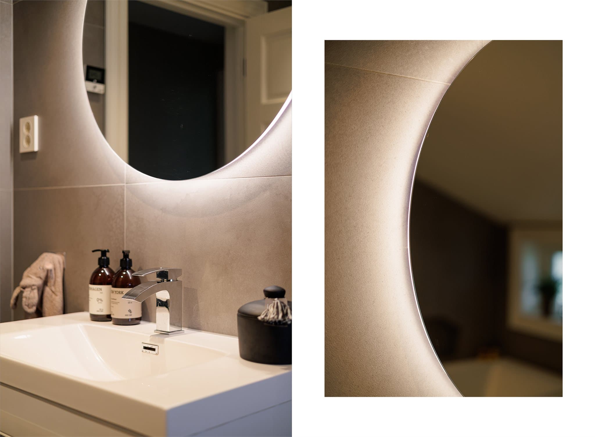 Det er vannbåren gulvvarme og downlights i himling.