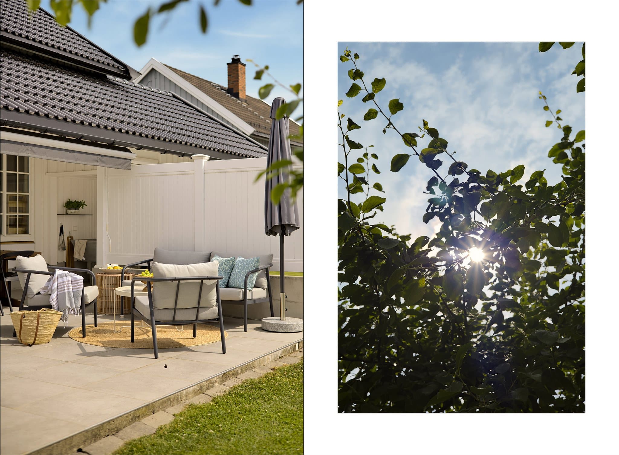 På varme sommerdager sørger markise for en behagelig temperatur. Hagen gir rikelig med plass til lek, aktiviteter, beplantning eller bare late sommerdager i solen.