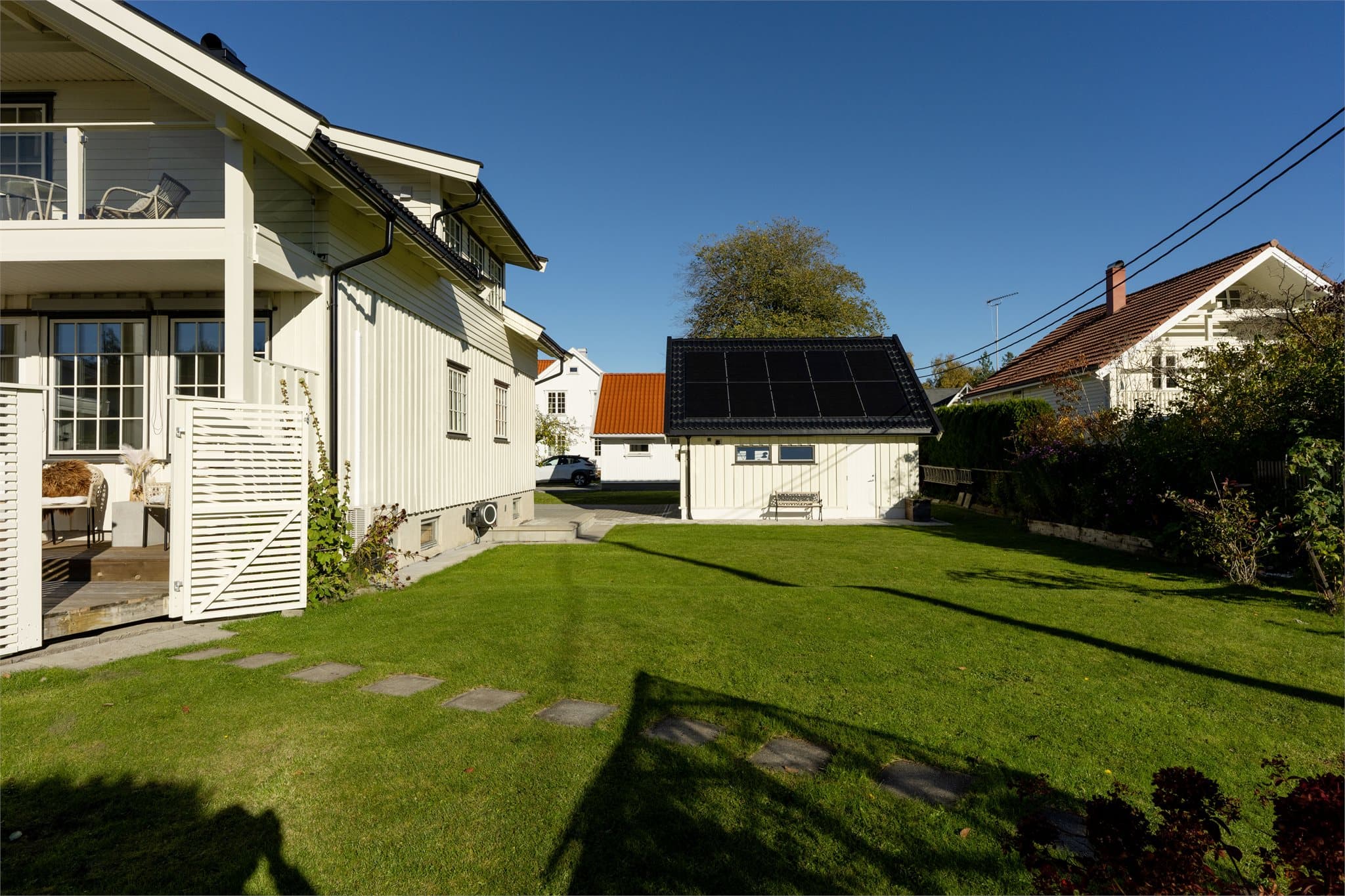 Gressplen mellom boligen og dobbelgarasjen med solcelleanlegg.