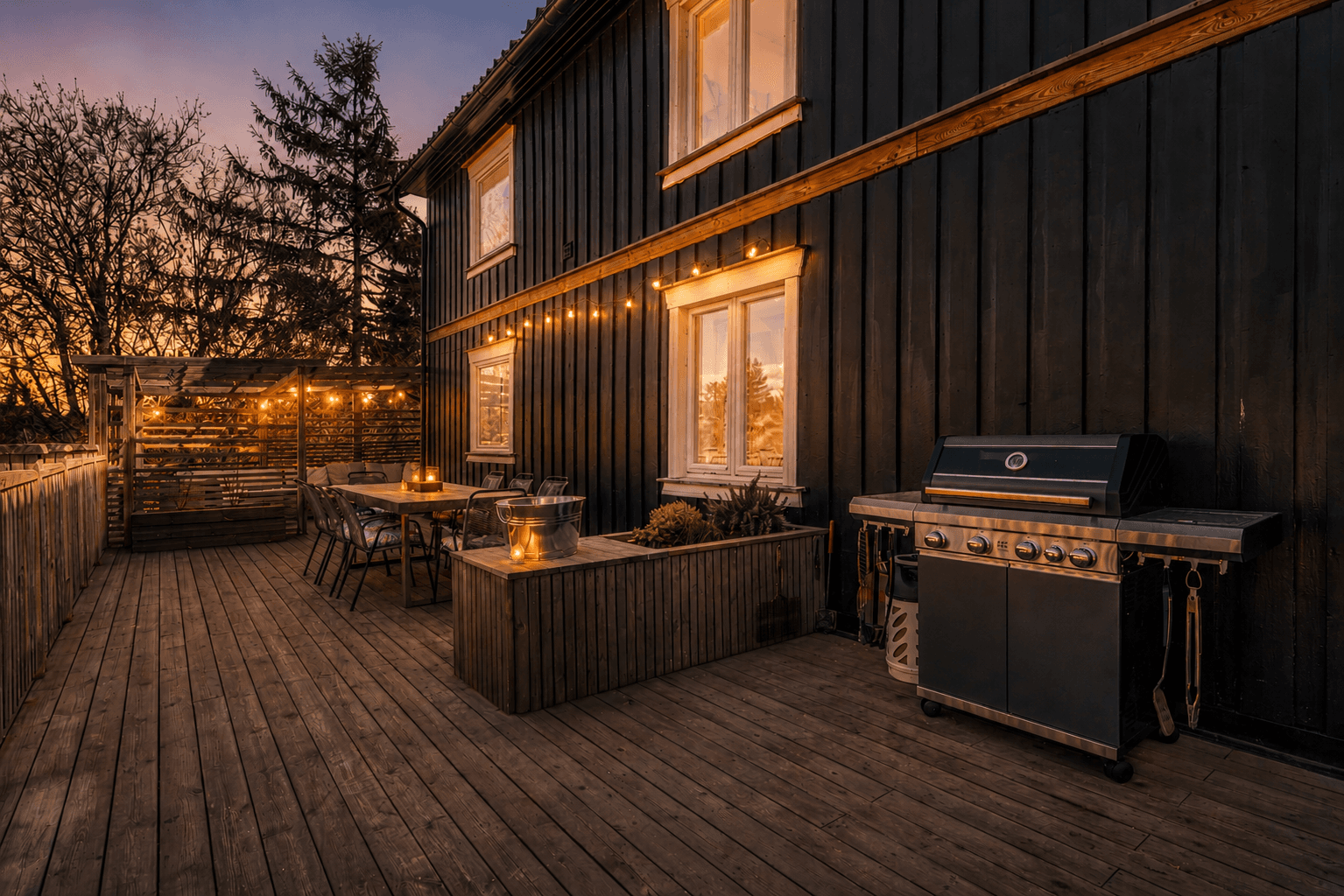 Nydelig uteplass utenfor hovedhuset. Digitalt redigert, avvik kan forekomme.