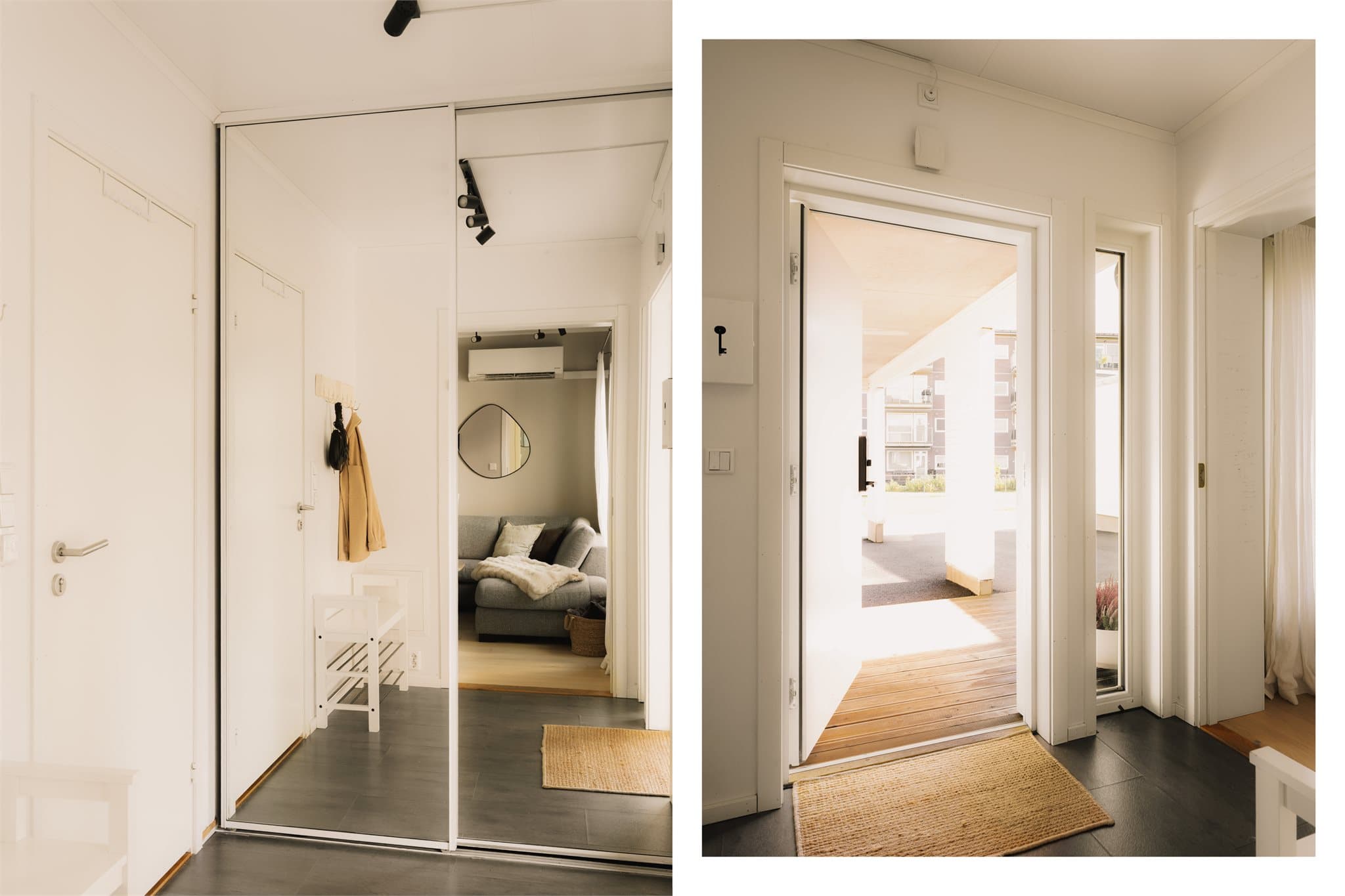 Velkommen inn! Lysmalt entré med laminat på gulv. Praktisk skyvedørsgarderobe med speilfronter og adkomst til bad.