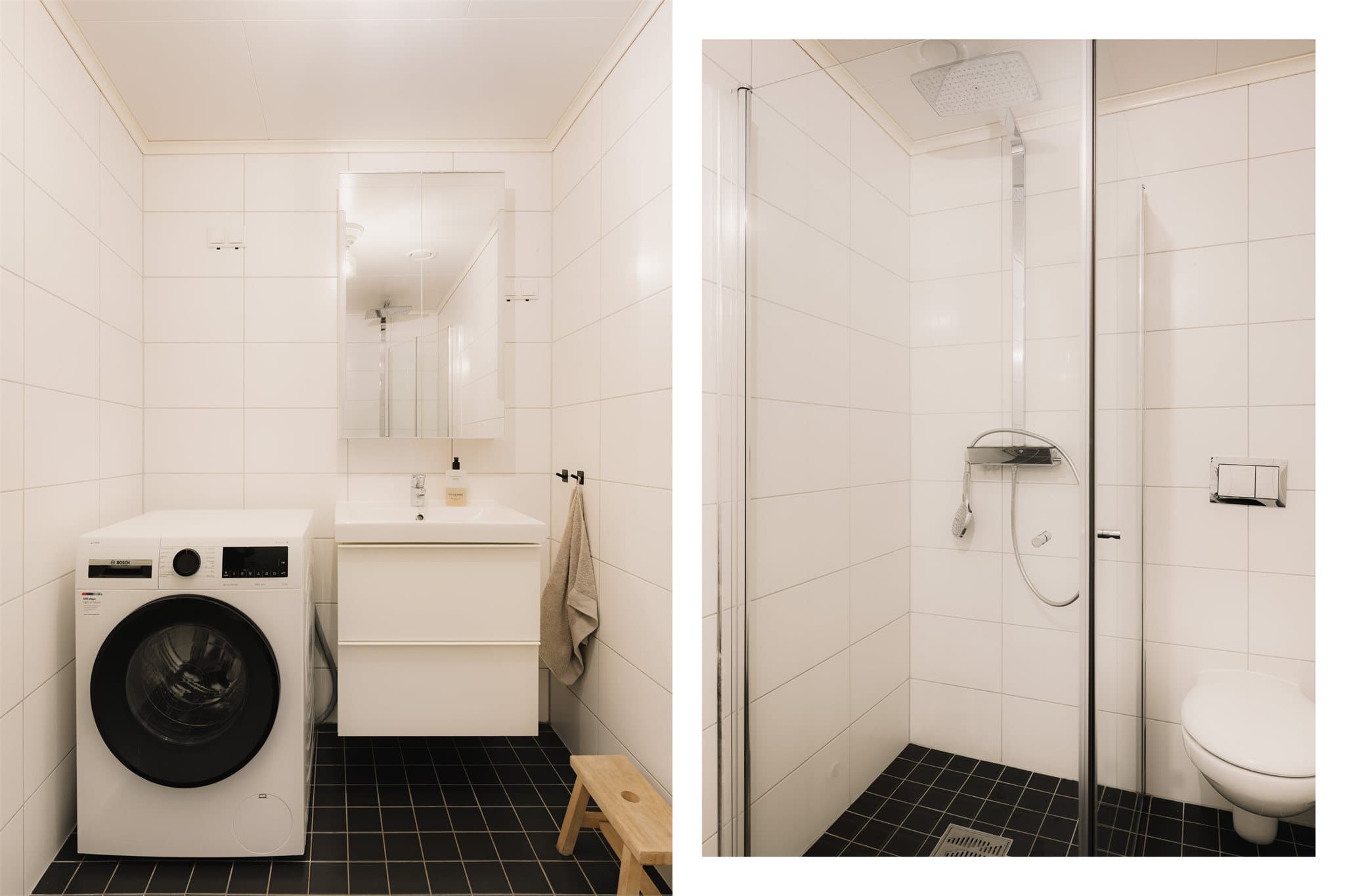Badet i 1.etasje har gulvvarme og er innredet med vegghengt toalett, regnfallsdusj, servantinnredning og opplegg for vask- og tørk.