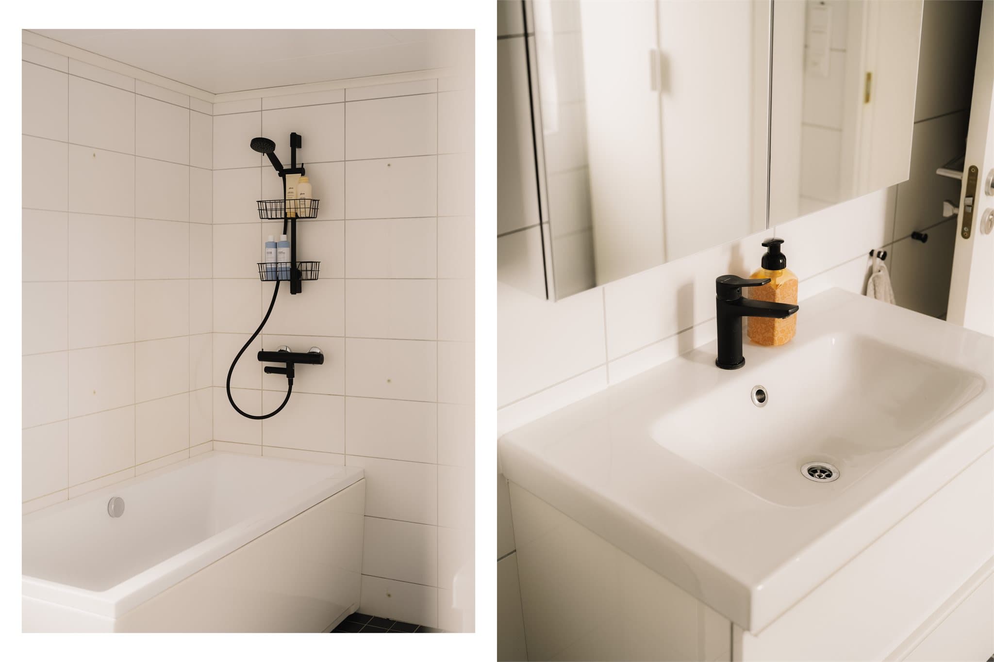 Badet er innredet med helservant på skuffeseksjon, speilskap og badekar med dusjgarnityr.