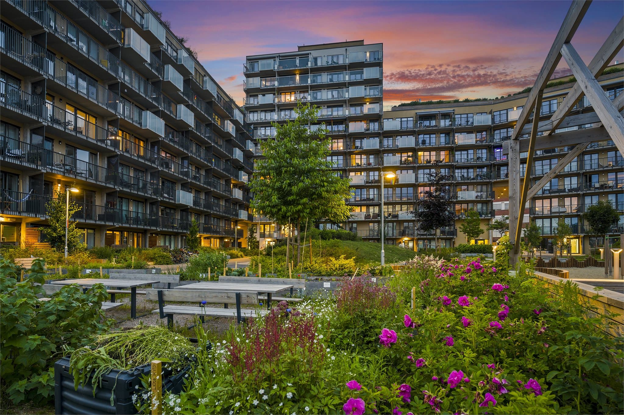 Herlig kveldsstemning og flotte fellesarealer for beboerne.