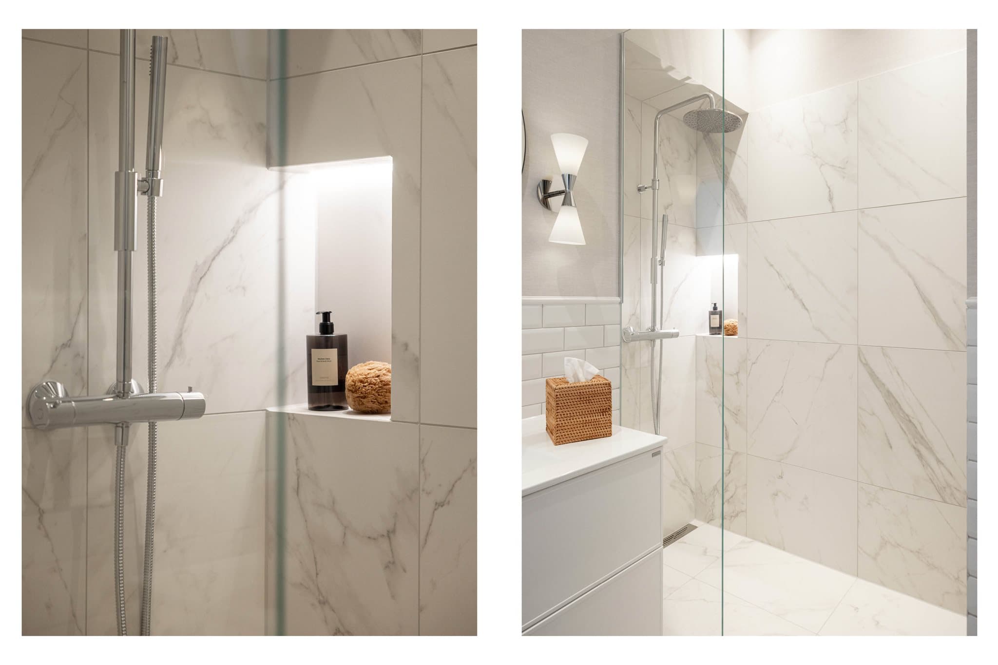 Stor og deilig dusjnisje med glassvegg, Tapwell armatur og takdusj, samt integrert led-belysning i såpenisje.