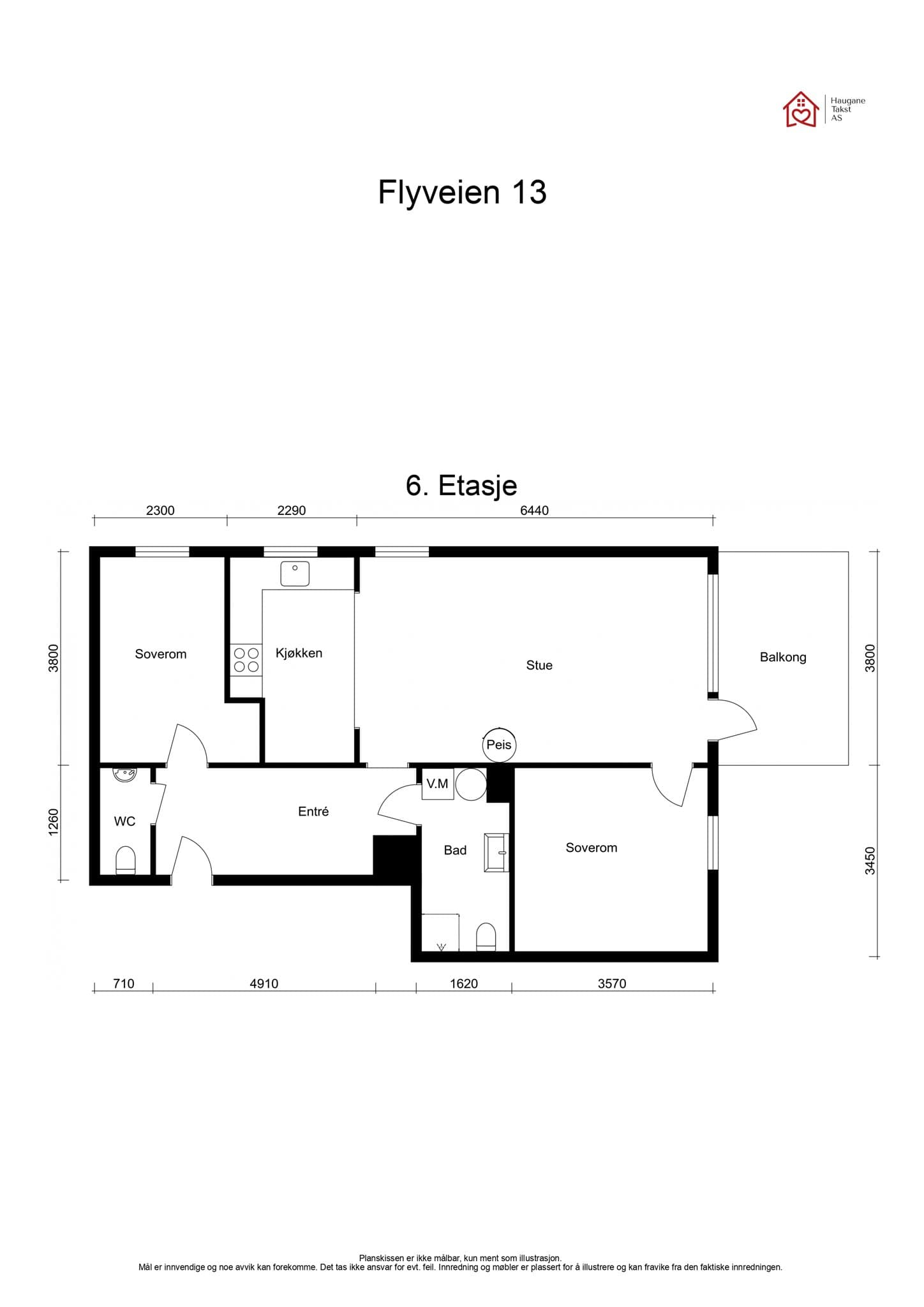Plantegning. Leiligheten disponerer én loftsbod på ca. 2,7 m² og to kjellerboder på henholdsvis ca. 3,8 m² og 2,3 m².