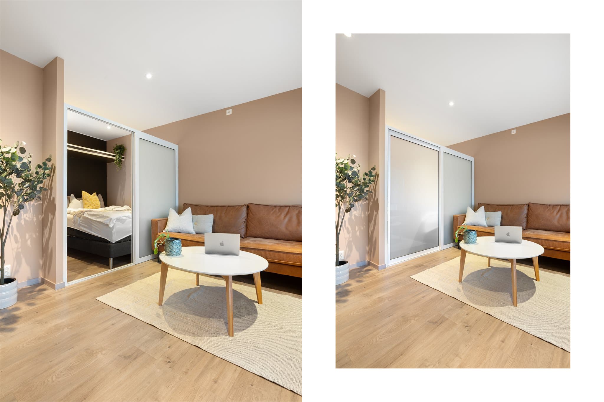 - Praktisk frostet skyvedør skiller mellom sovealkoven og stuen -