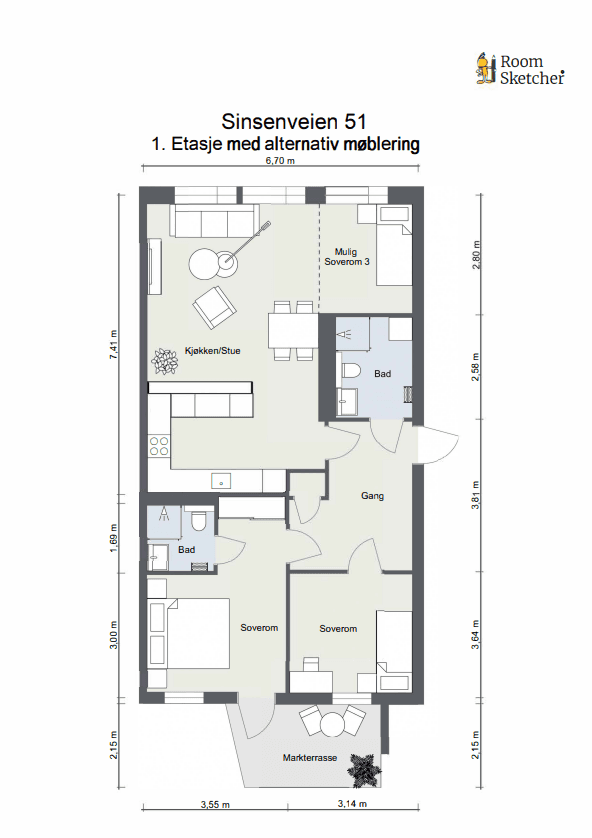 Alternativ planløsning med ekstra soverom.