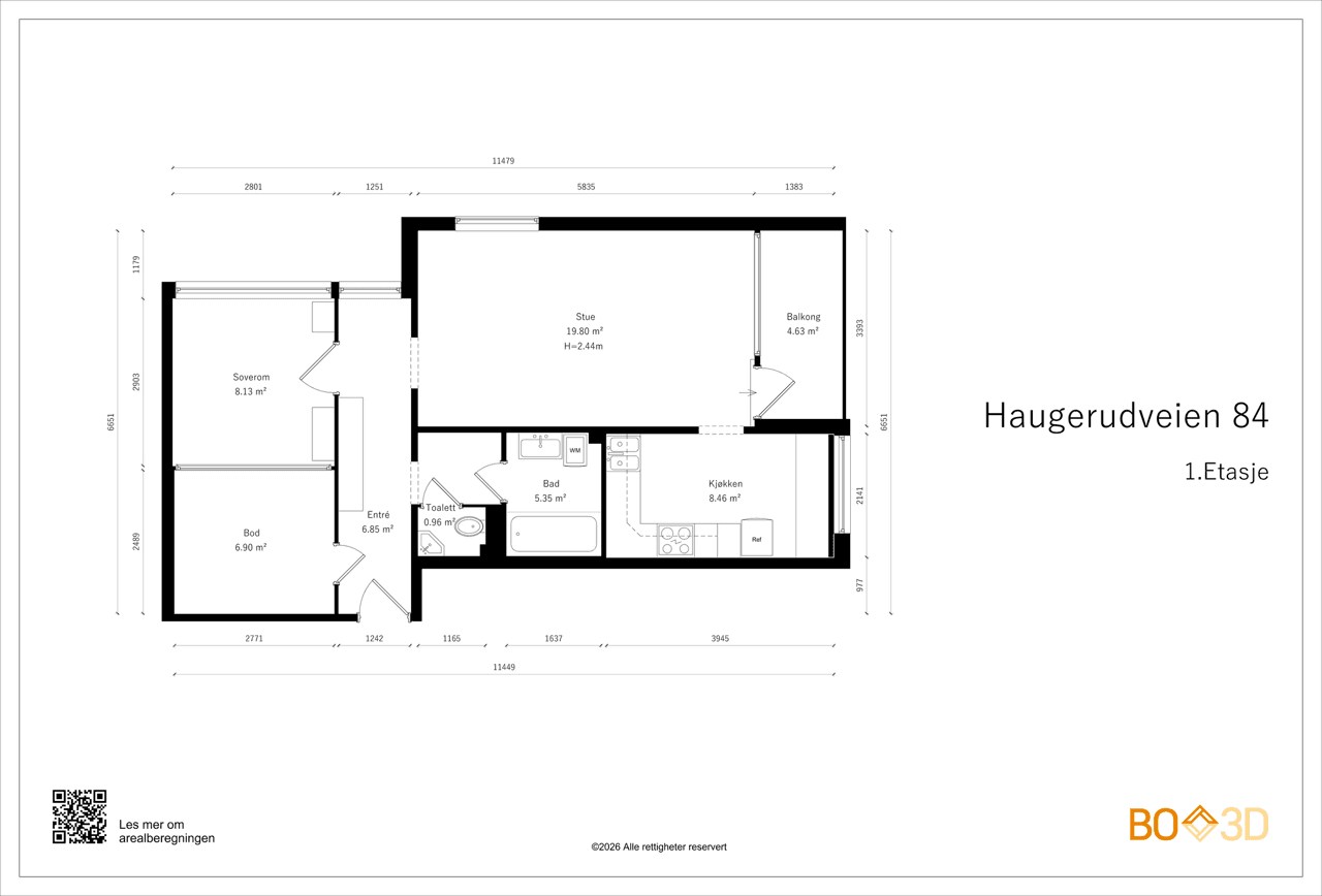 Leiligheten har en arealeffektiv planløsning med stue, separat kjøkken, soverom, bad, toalettrom og en innvendig bod. Fra stuen er det utgang til balkongen.