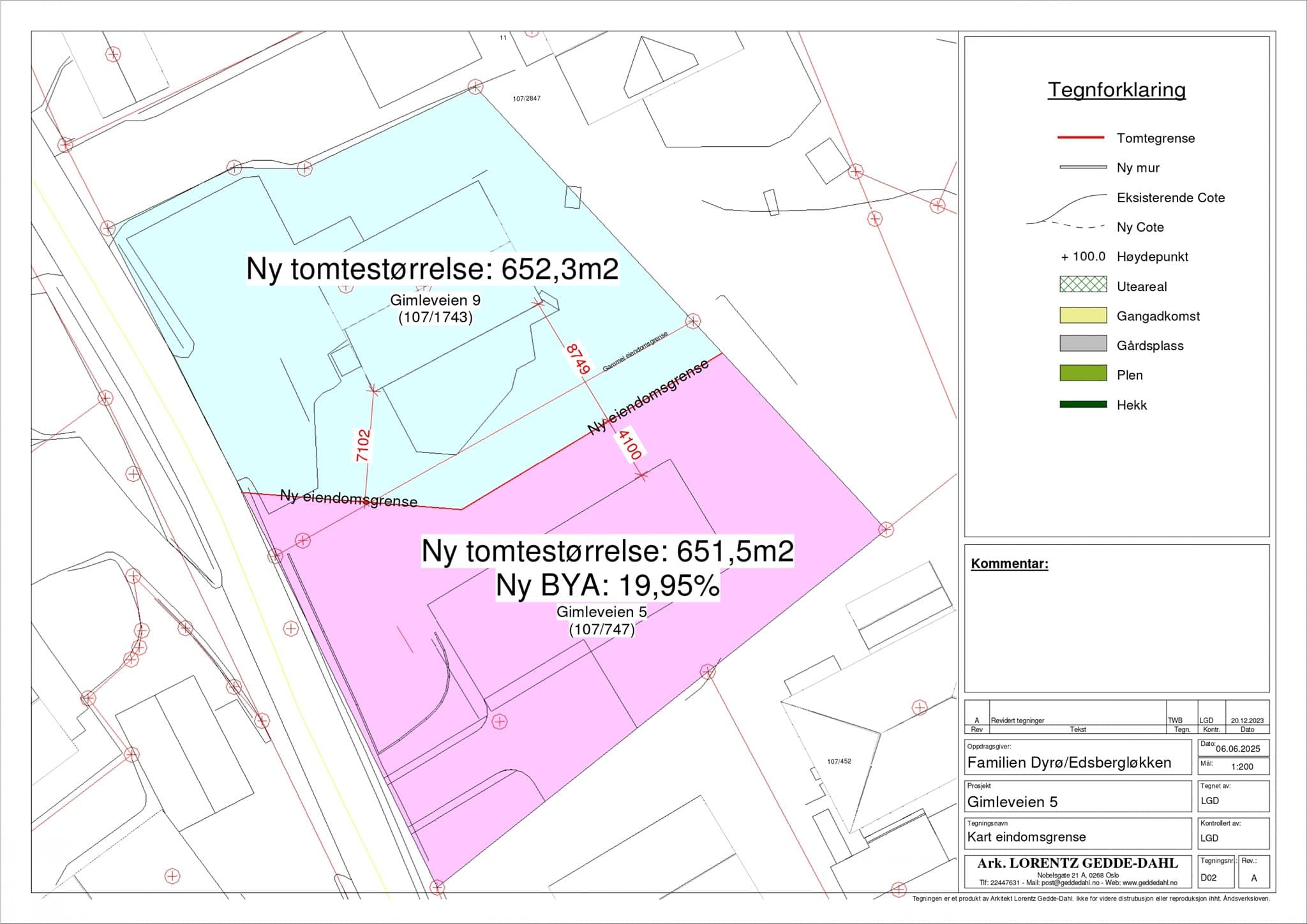 Eiendomsgrenser etter grensejustering, tomtestørrelse blir 651,5 kvm.