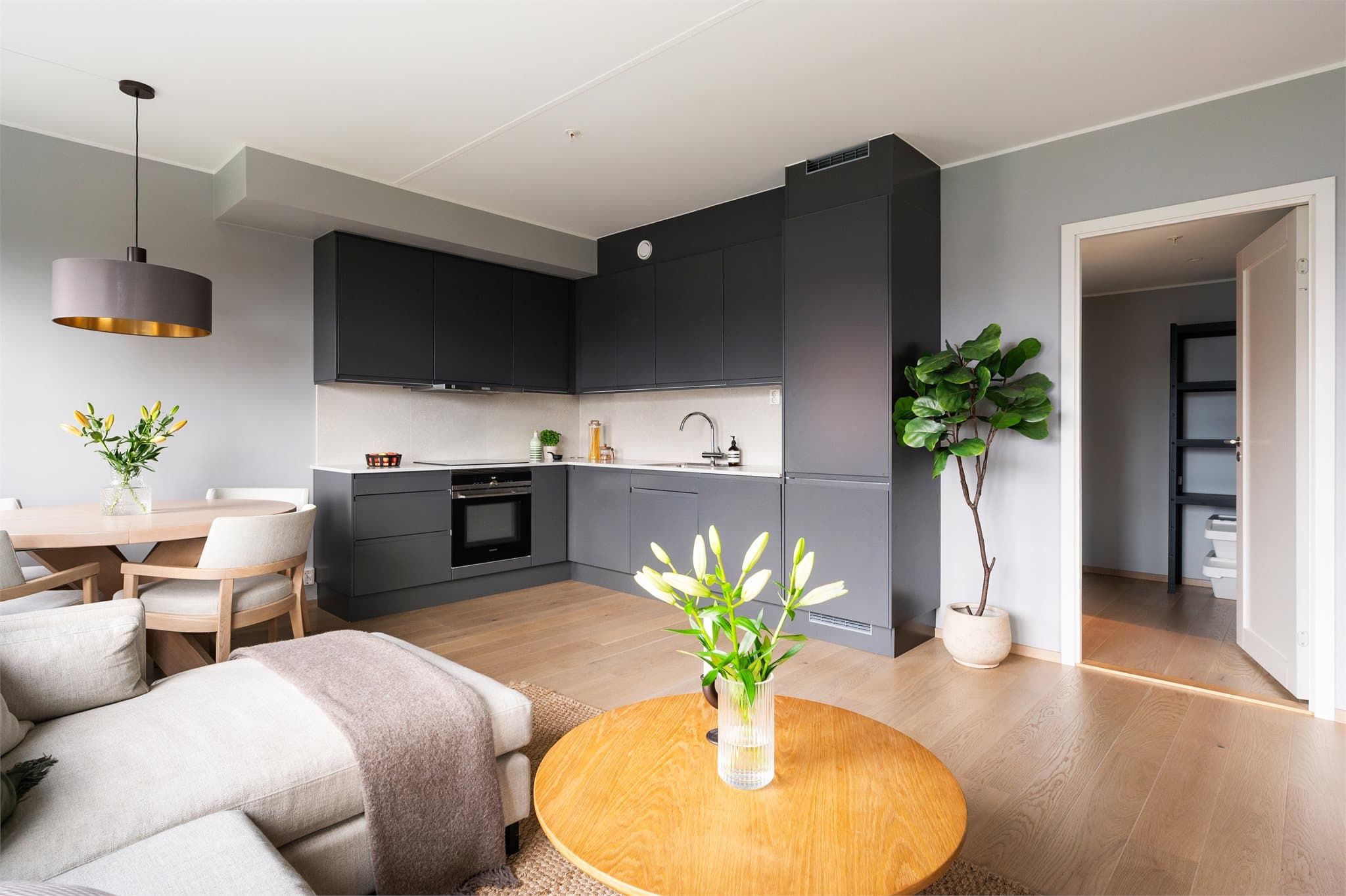 Integrerte hvitevarer som oppvaskmaskin, stekeovn, induksjon koketopp og kjøl-/fryseskap.