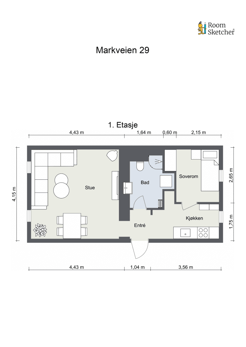Plantegning. Leiligheten disponerer to boder.