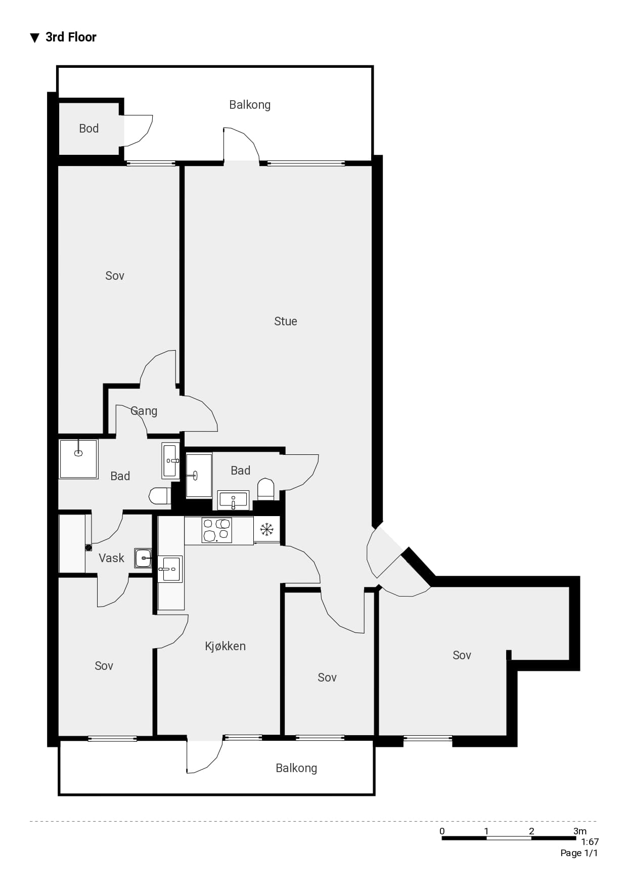 Plantegning. Leiligheten disponerer en bod på 2 m². I tillegg medfølger en garasjeplass i fellesgarasje.