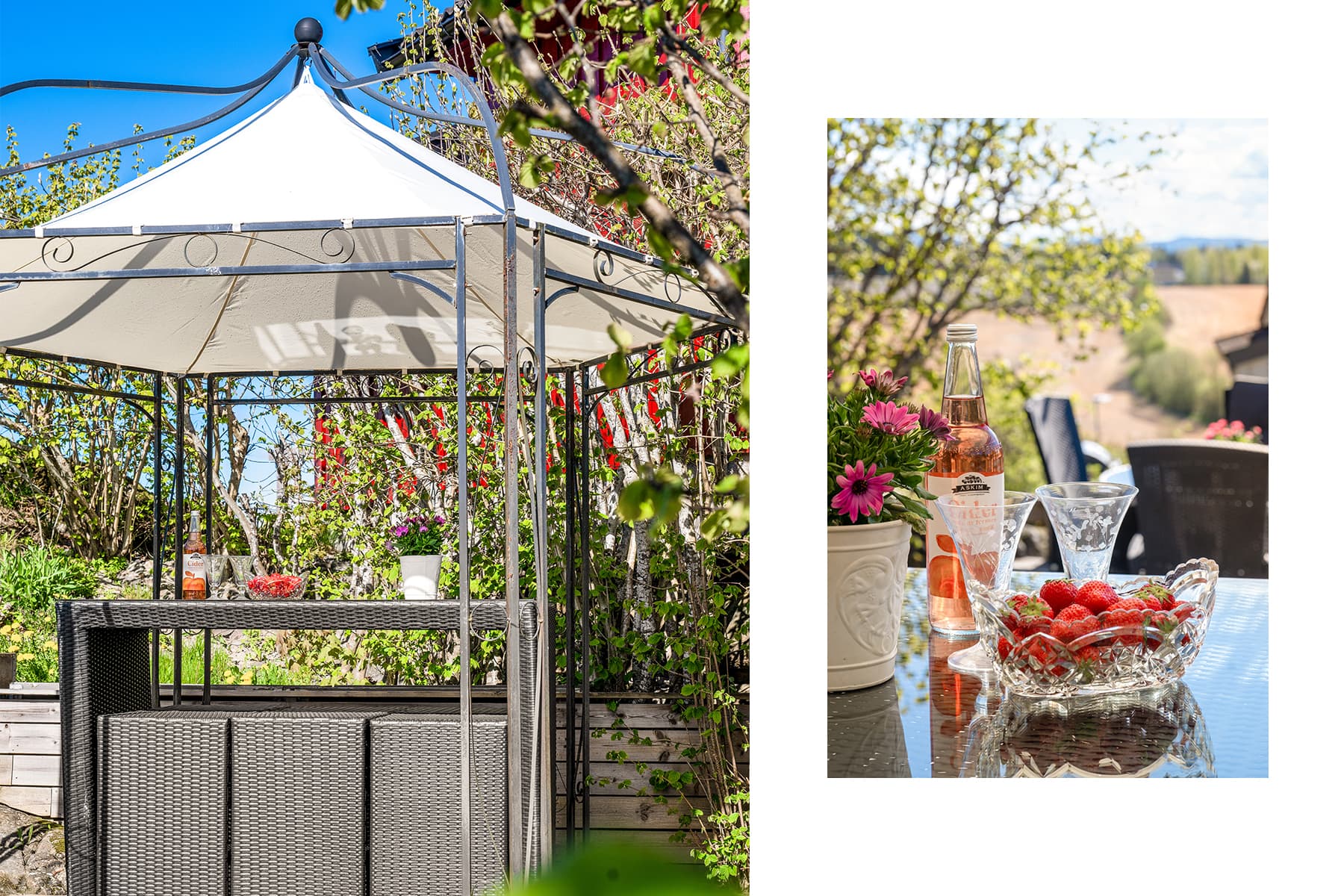 De opparbeidede uteområdene byr på en herlig kombinasjon av naturtomt, lune soner og sosiale møteplasser. Paviljongen skaper en stemningsfull ramme rundt måltider og lange sommerkvelder ute.