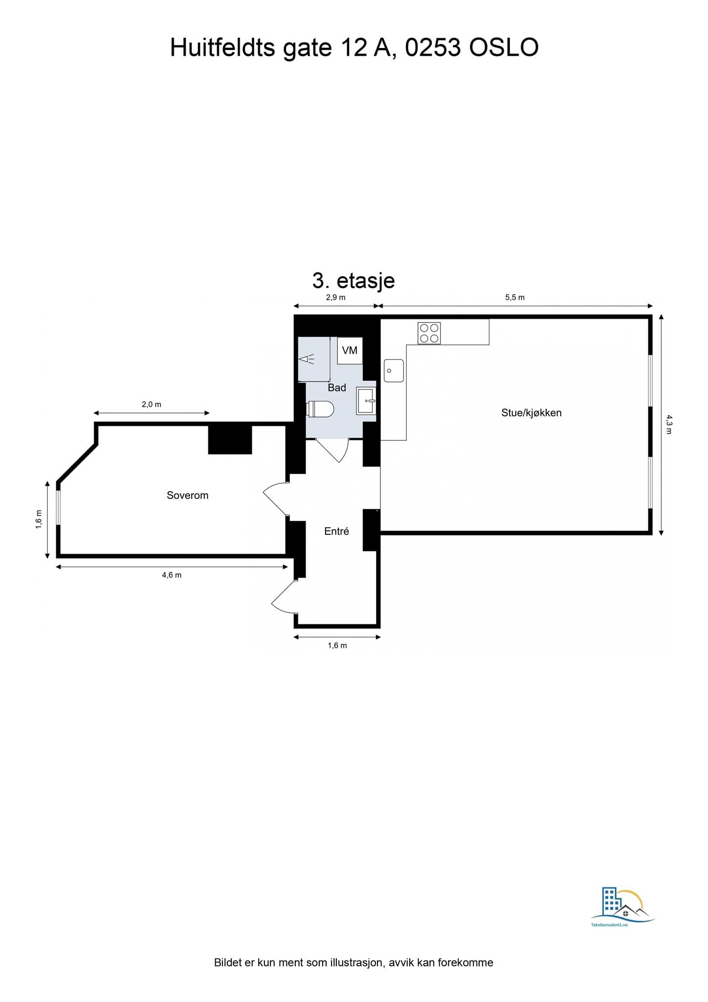 Plantegning. Leiligheten disponerer en kjellerbod med gulvareal på ca. 3 m².