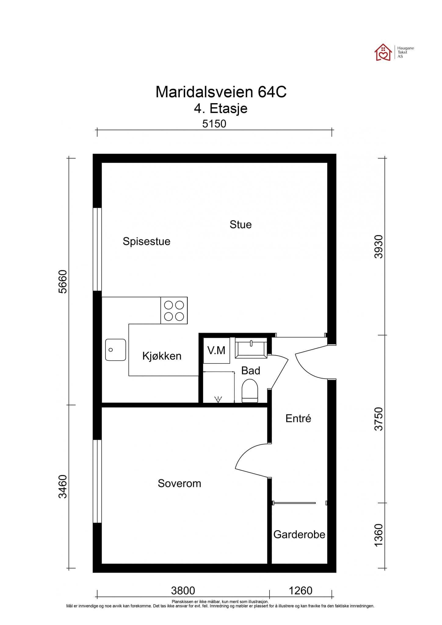 Planløsning. Leiligheten disponerer også en kjellerbod på ca. 5 kvm og en loftsbod på ca. 6 kvm.