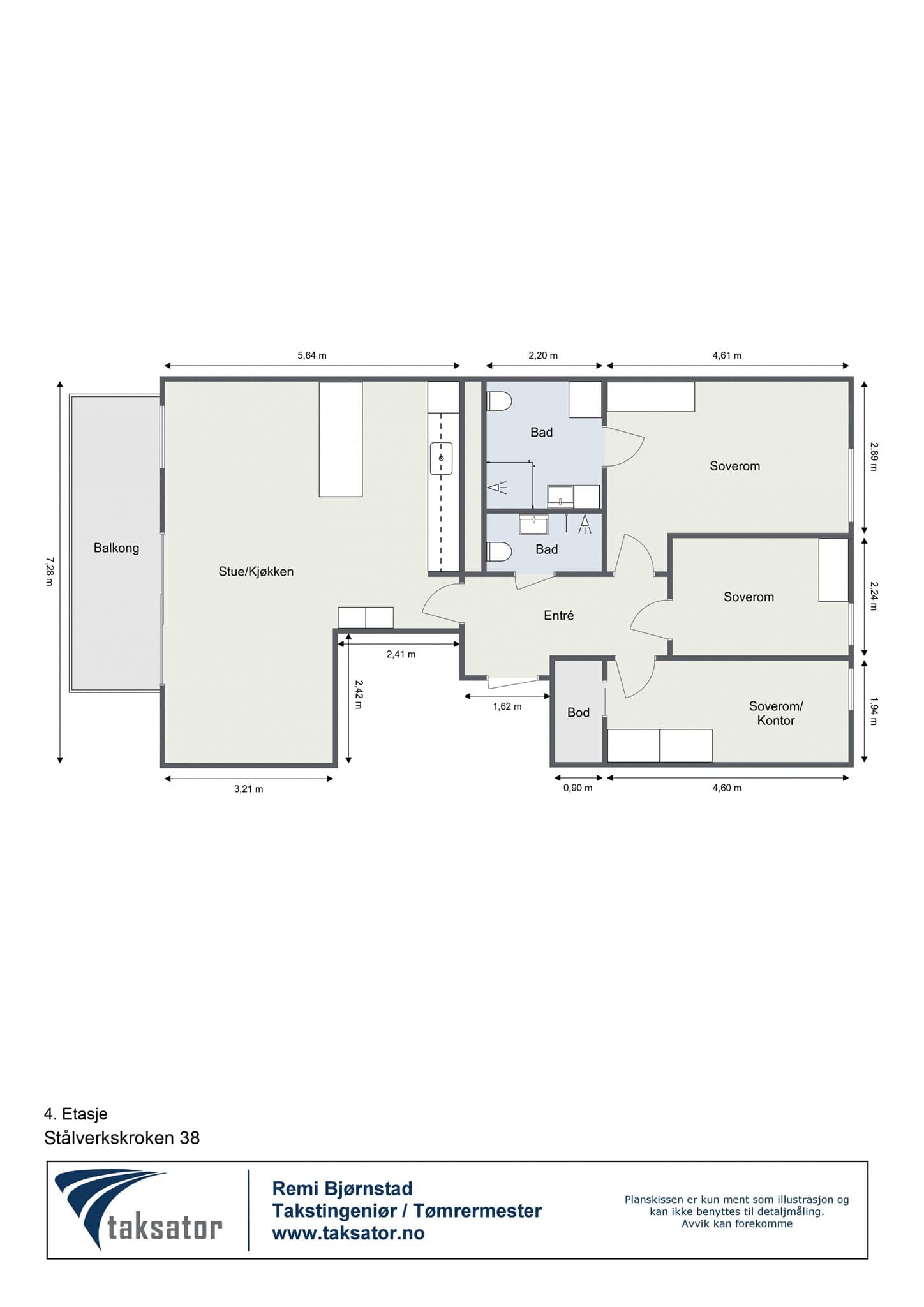 Plantegning - Leiligheten disponerer i tillegg to boder; en i kjelleren og en i 1. etasje.