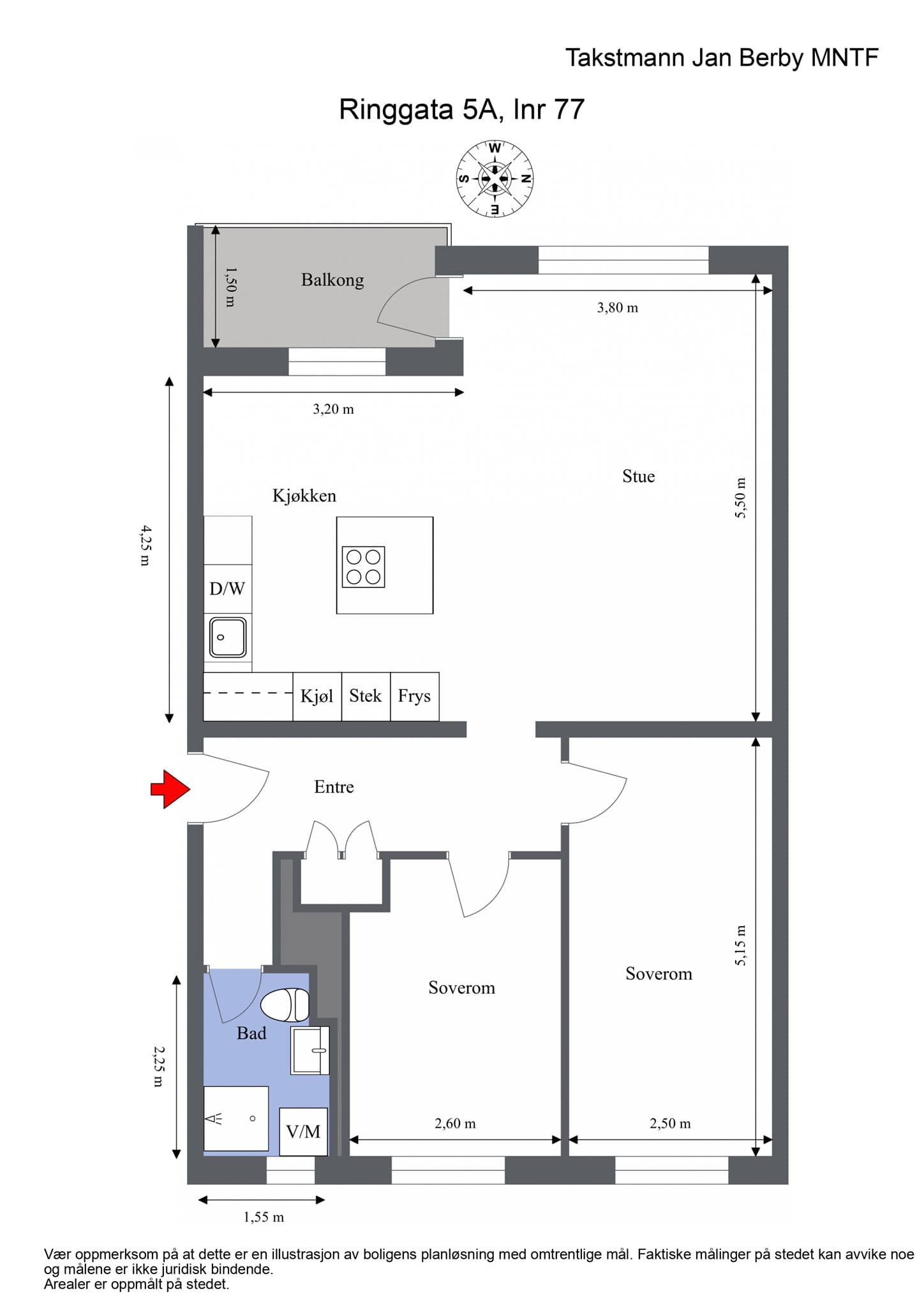 Plantegning. Leiligheten disponerer en bod i kjelleren og en på loftet.