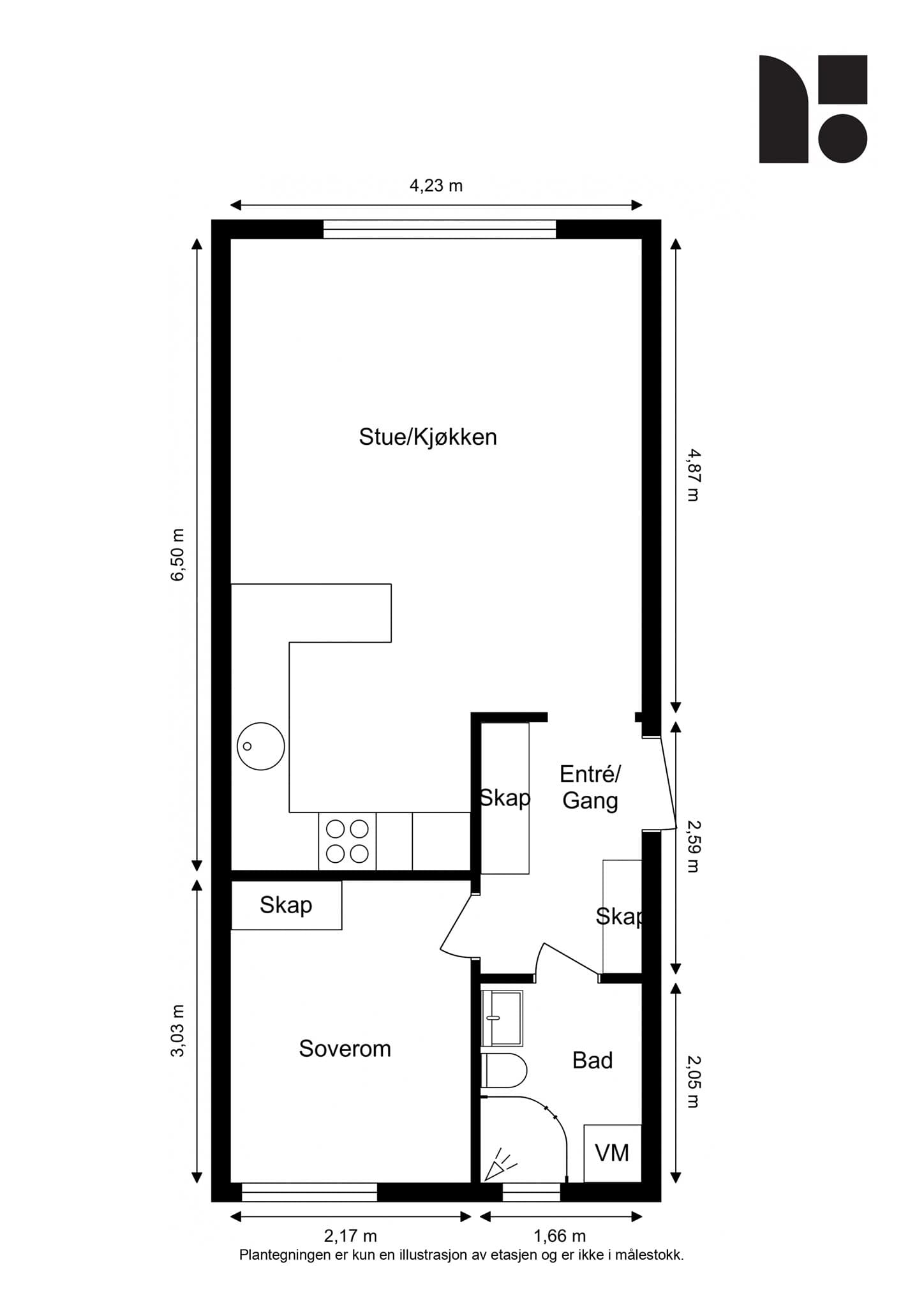 Plantegning. Leiligheten disponerer en kjellerbod på ca. 4 m² og en loftsbod med gulvareal på ca. 10 m² (loftsboden er ikke måleverdig utover dette).