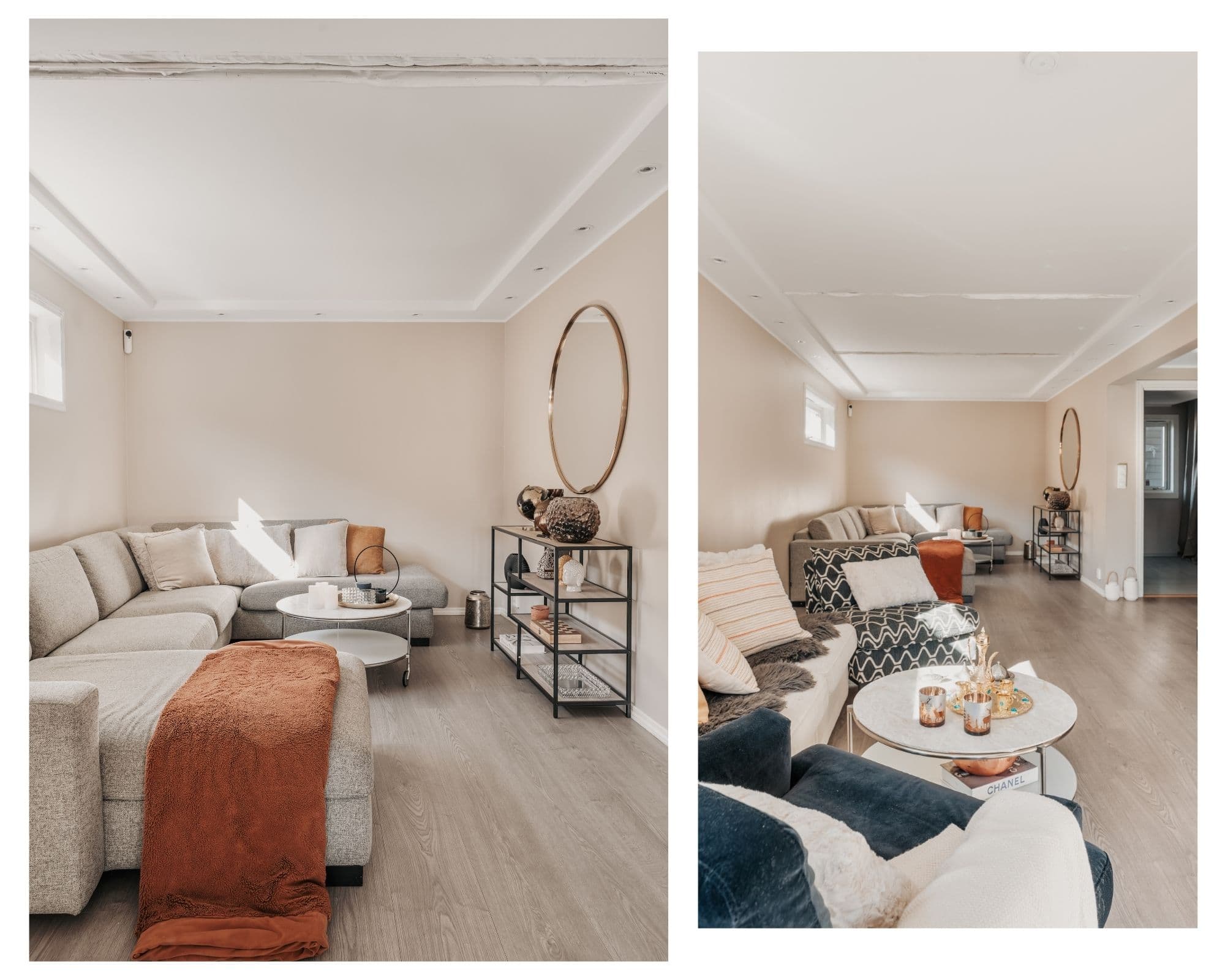 Stuen er holdt i moderne og tidsriktige farge- og materialvalg. Den oppleves romslig, med god plass til flere sittegrupper.